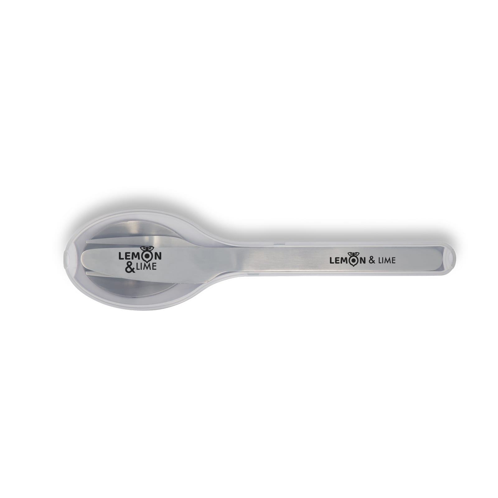 A stainless steel spoon with a clear handle, featuring a logo. Part of the Juniper Cutlery Set.