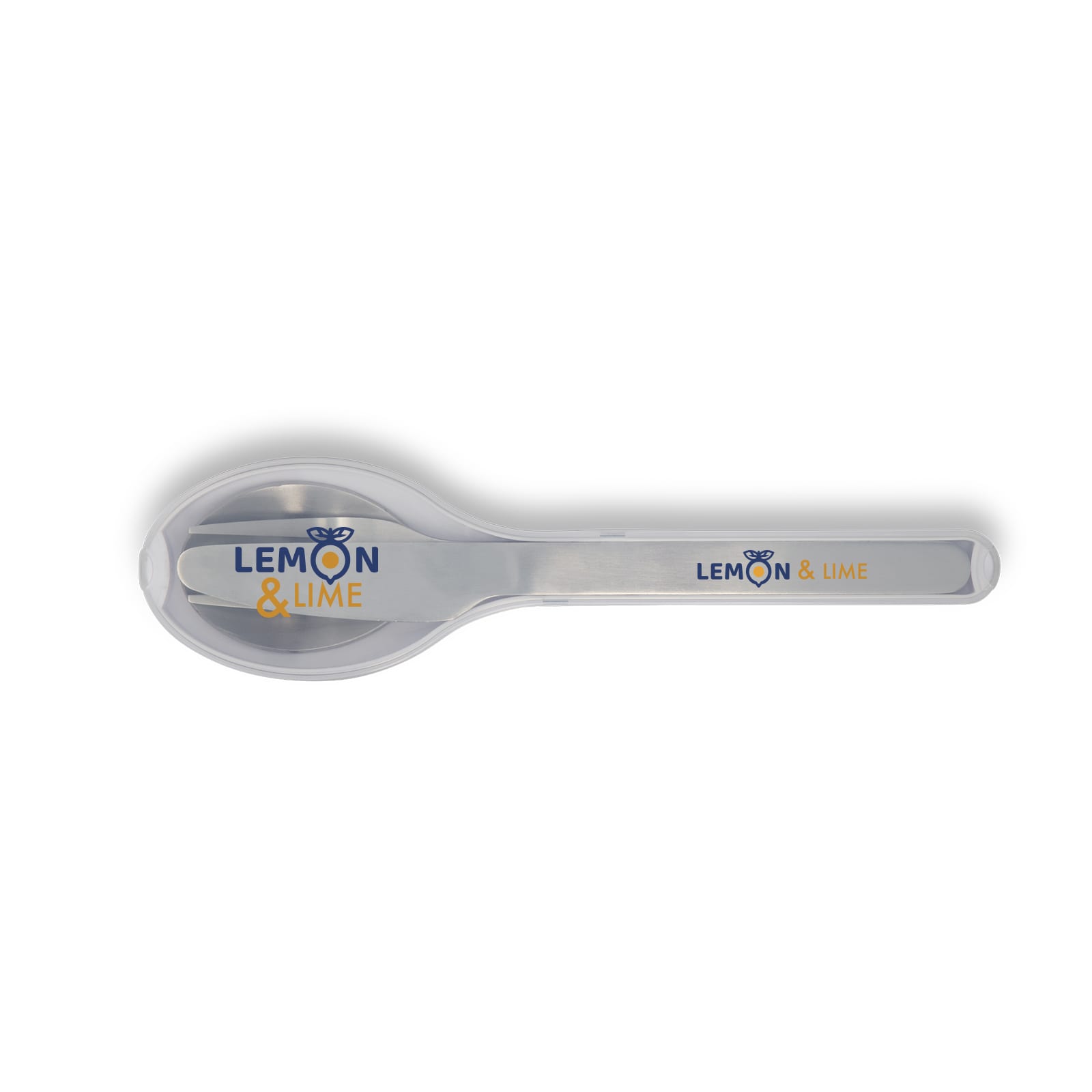 A stainless steel spoon with a blue and yellow logo featuring "LEMON & LIME." The handle is sleek and curved.