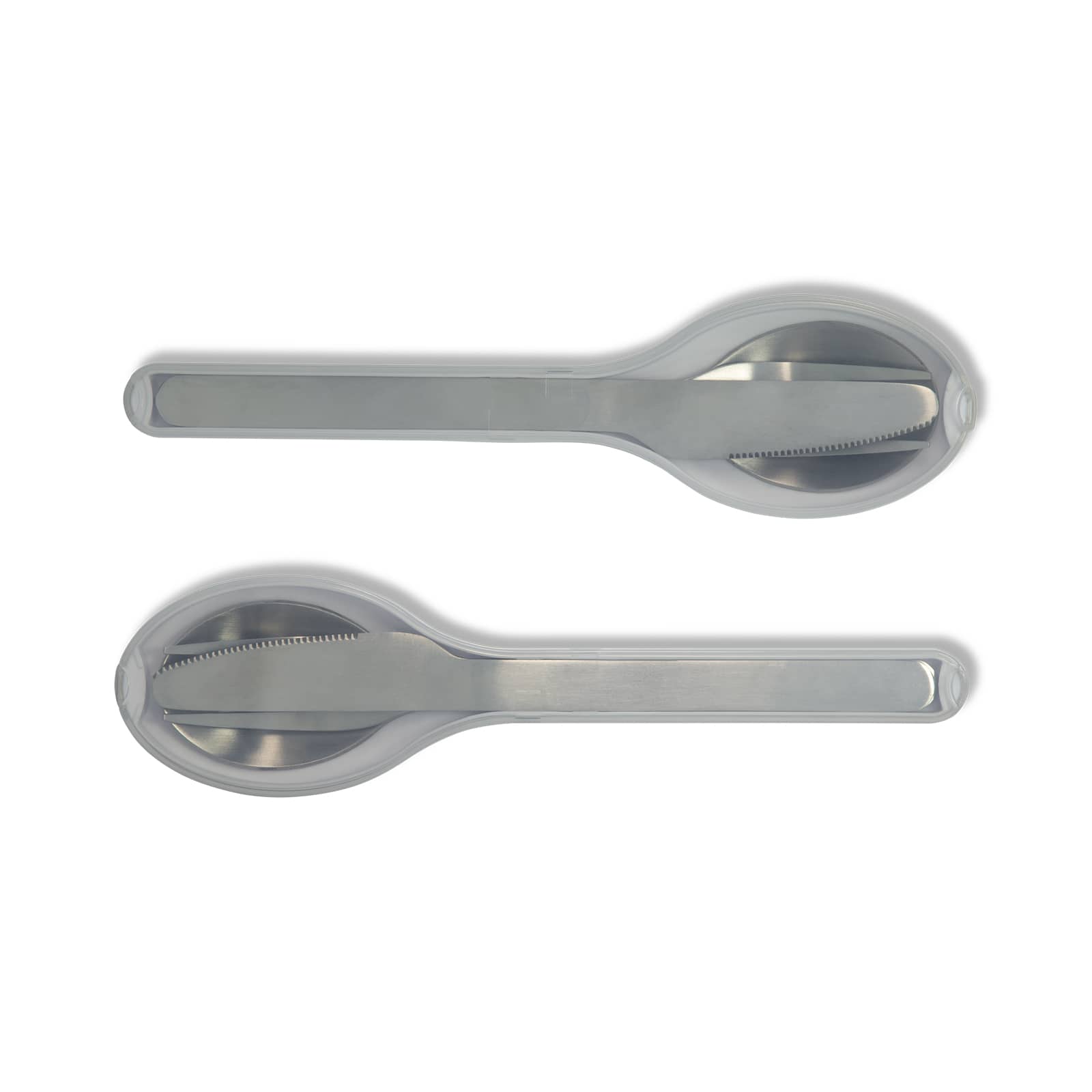 A cutlery set with stainless steel utensils, featuring a knife, fork, and spoon, stored in a sleek, transparent case.