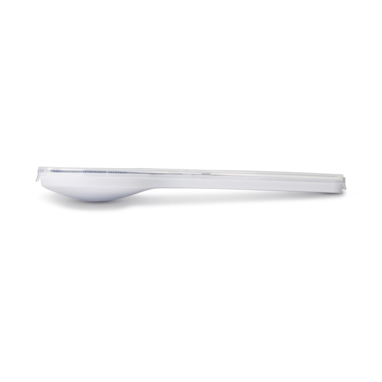 A white Juniper cutlery set spoon with a sleek design, featuring a branded logo.