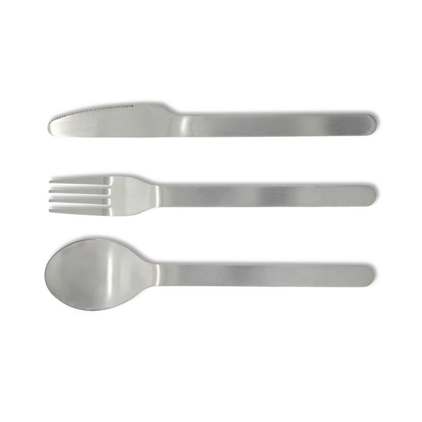 A stainless steel cutlery set featuring a knife, fork, and spoon. The design is sleek and minimalistic.
