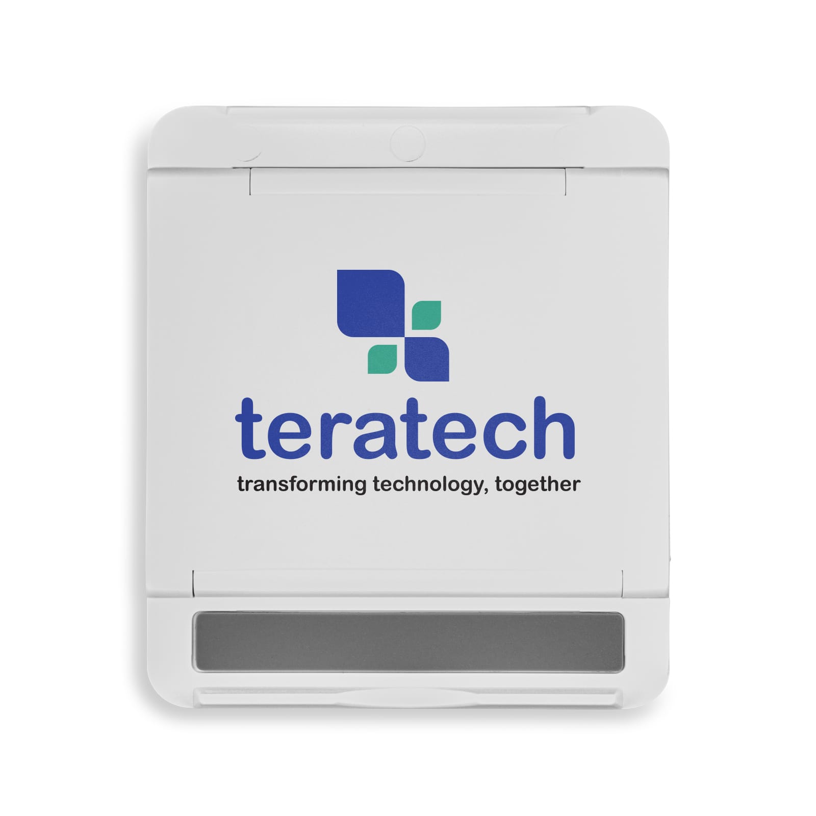 A white phone stand featuring a logo and a grey base. Sturdy design for supporting devices.