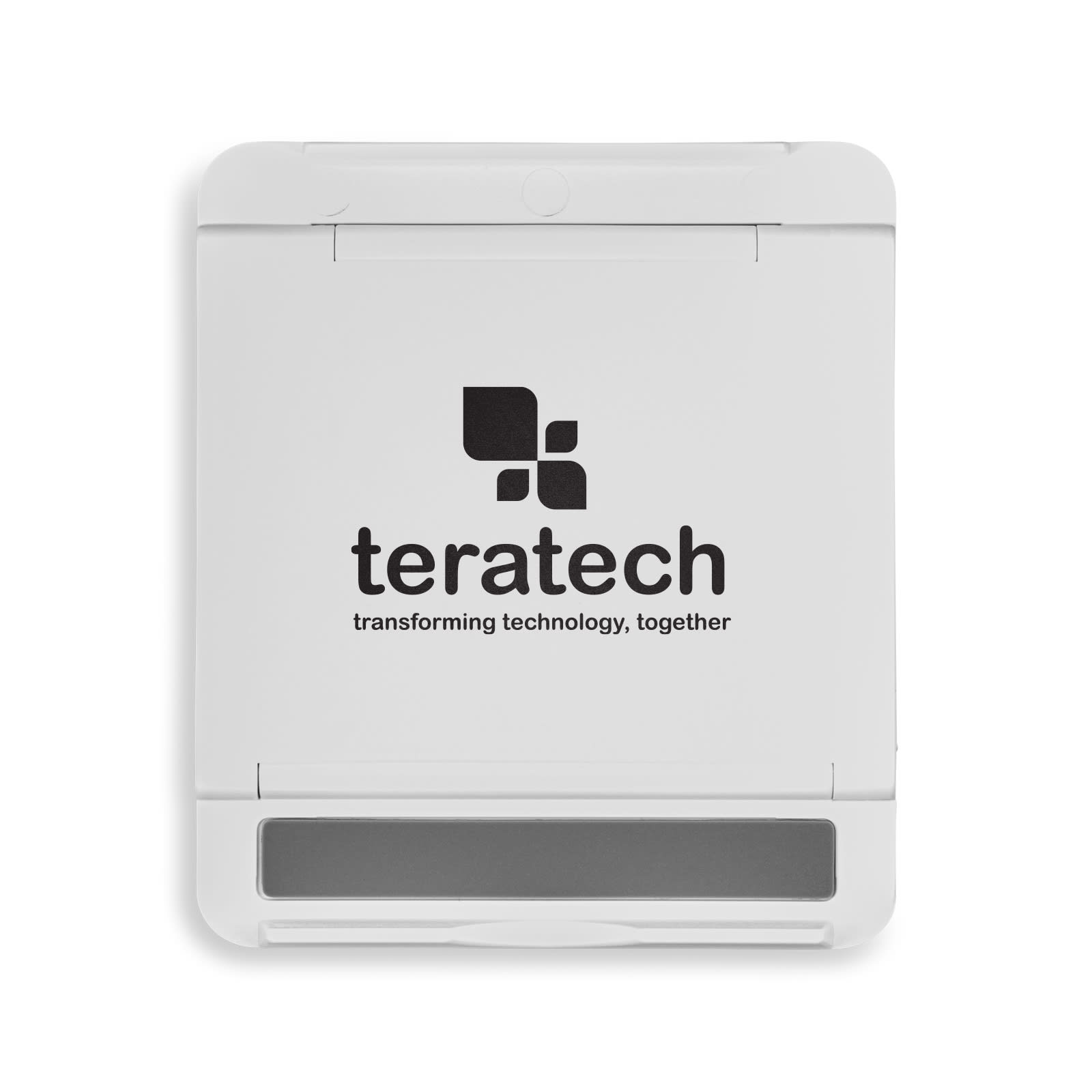 A white phone stand with a grey base and a logo on the front.