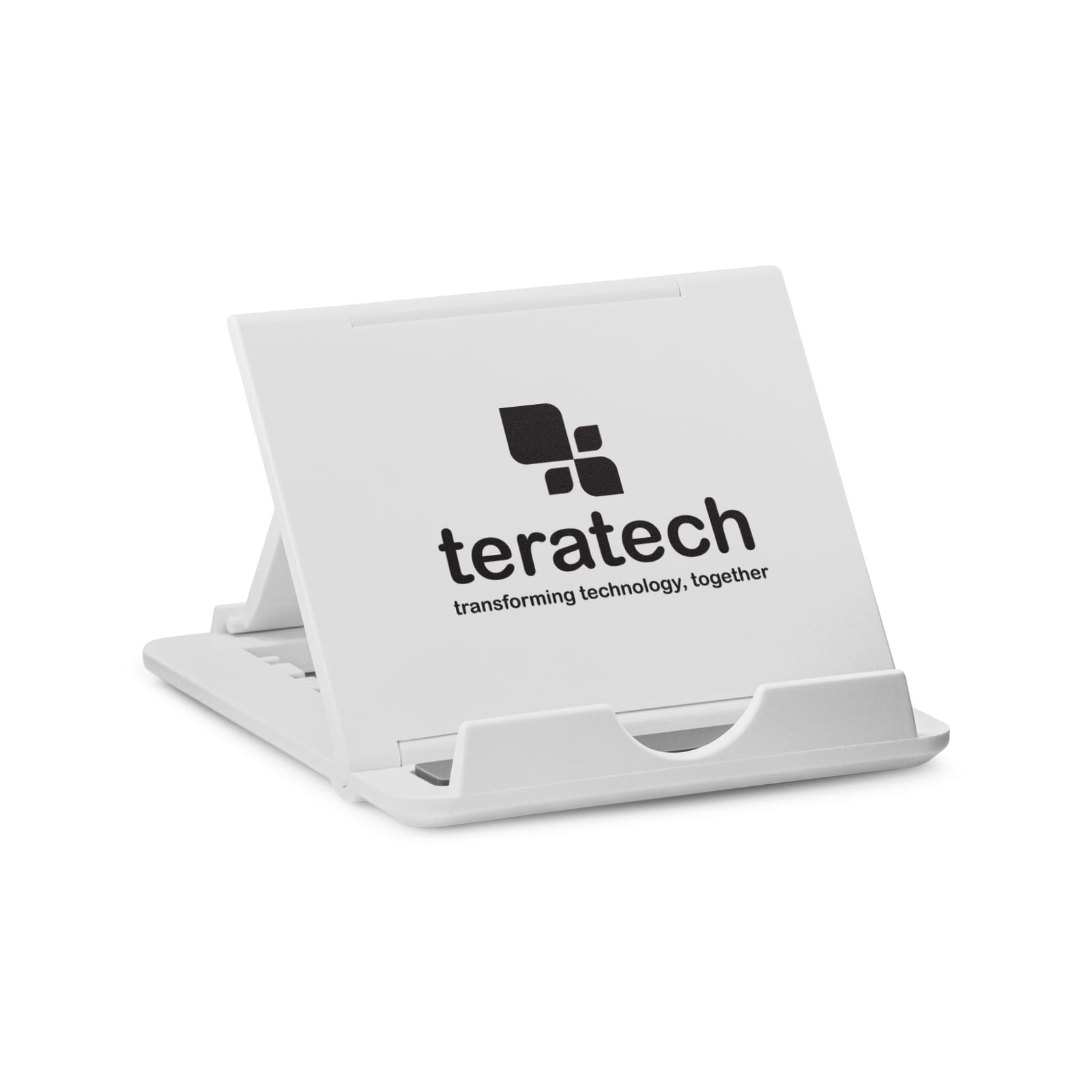A white phone stand with a logo, featuring a foldable design and a slot for device placement.