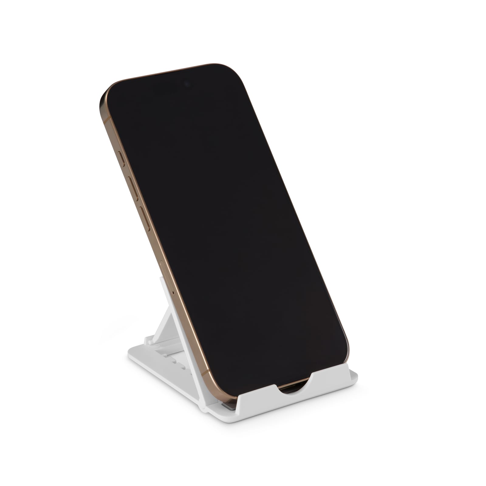 A phone in a white Glide Phone Stand, featuring a simple design with an adjustable angle.