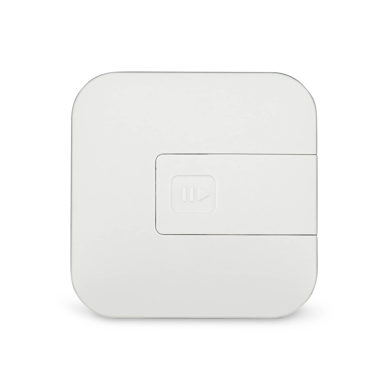 A white rectangular retractable charging cable with a button for operation and a logo.