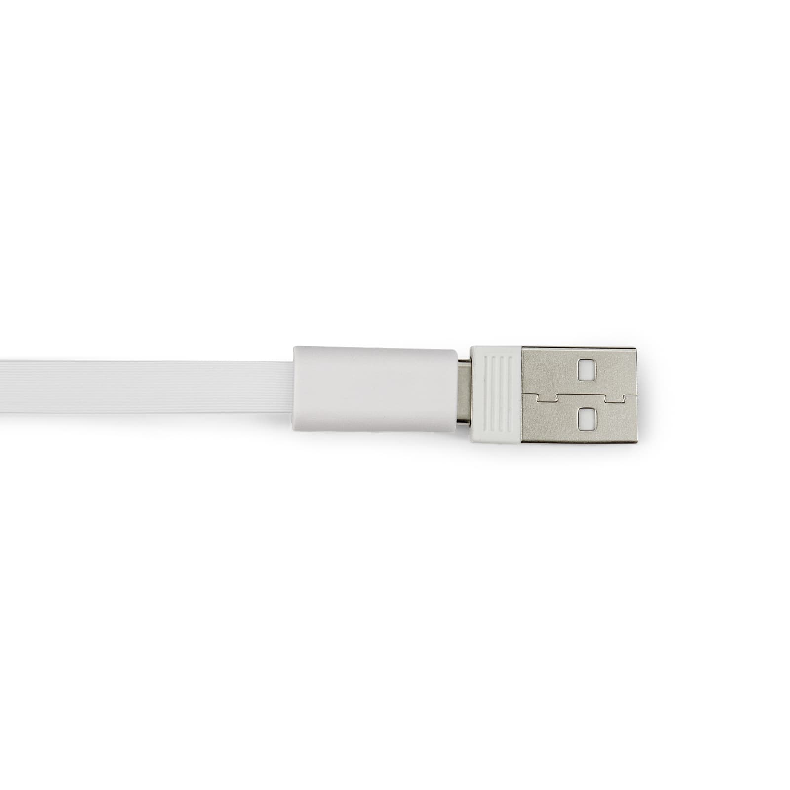 A white retractable charging cable with a metallic USB connector, featuring a logo on the cable.