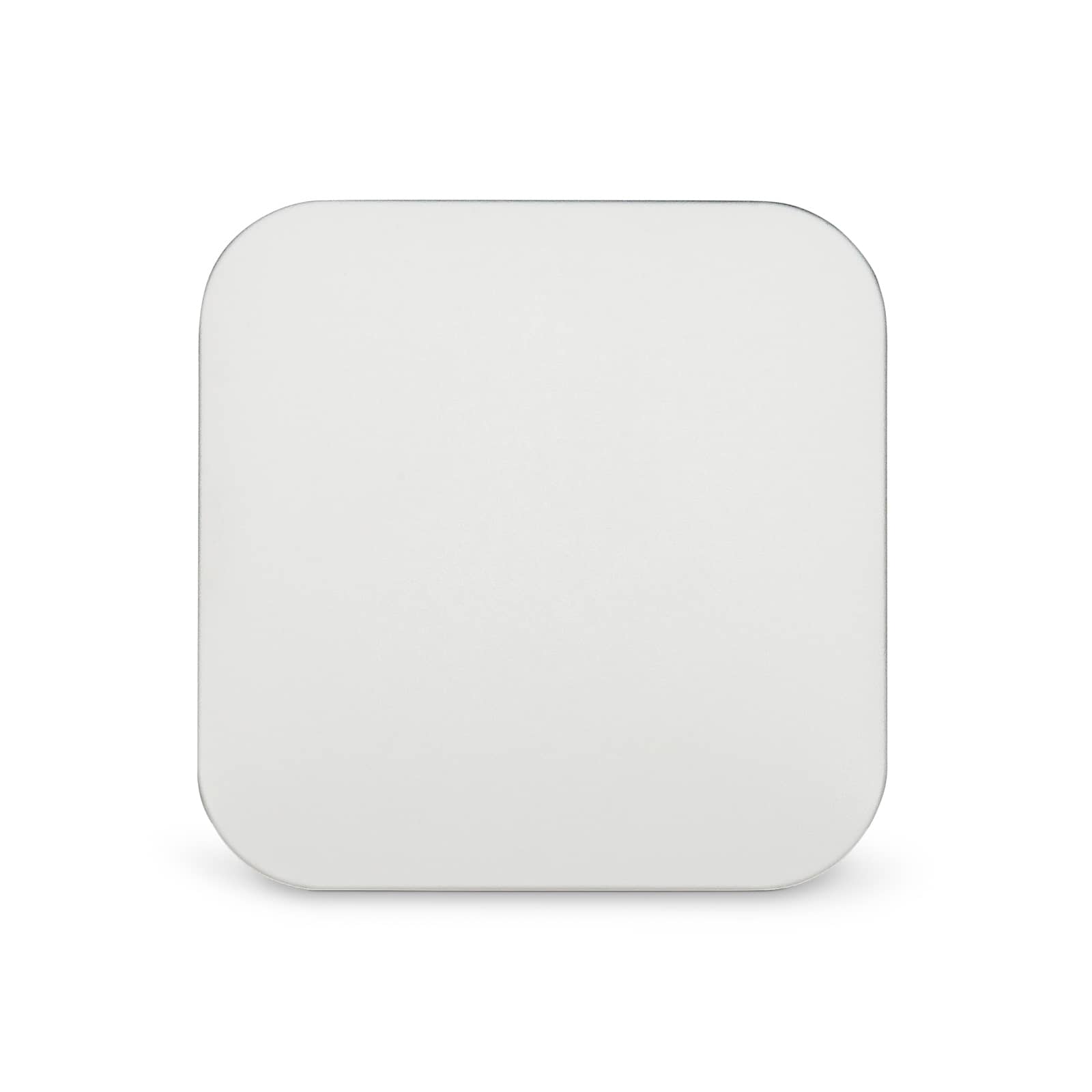 A square charging pad in white, featuring rounded edges and a smooth surface. It has a branding logo on the side.