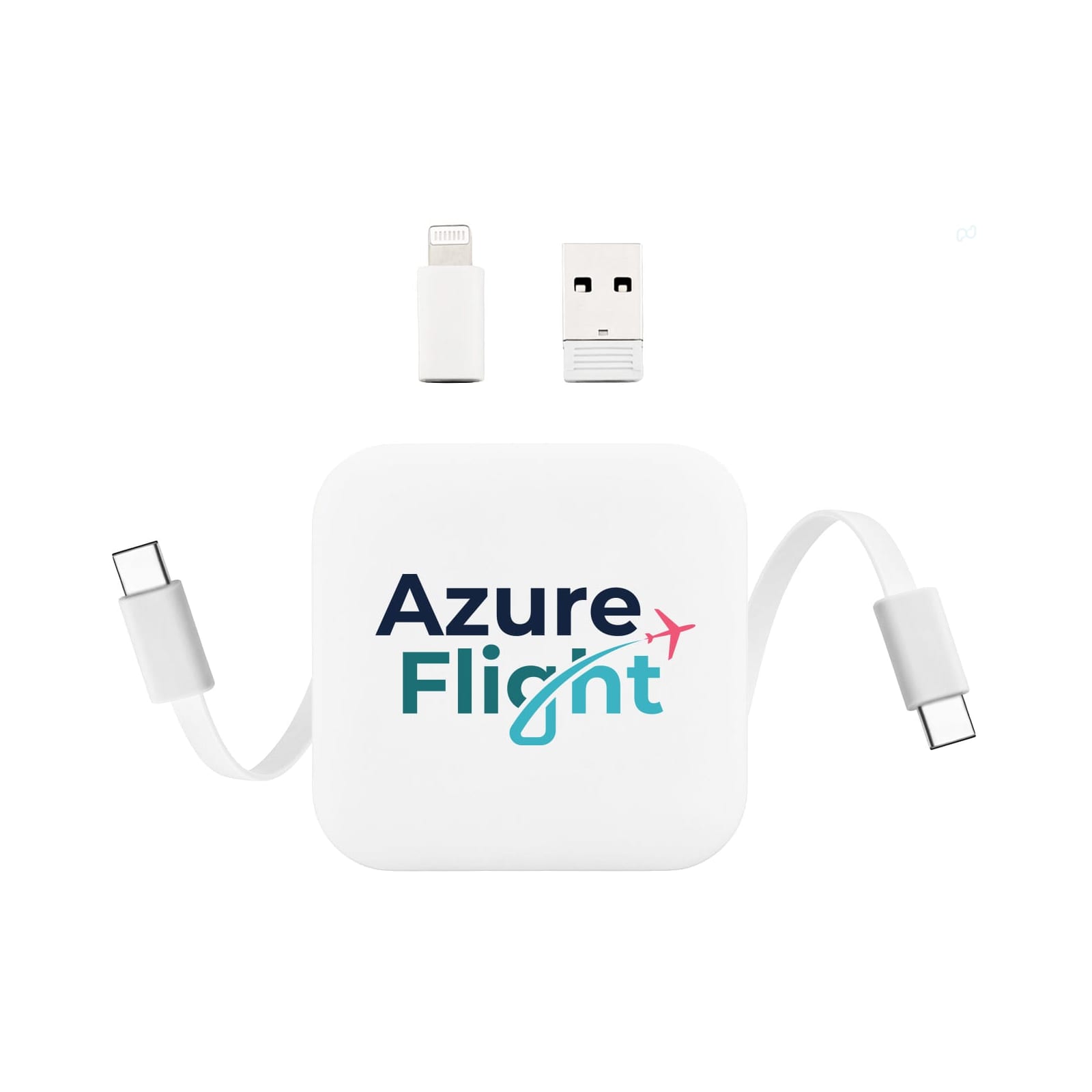 A white retractable charging cable with USB and Lightning connectors, featuring a logo.