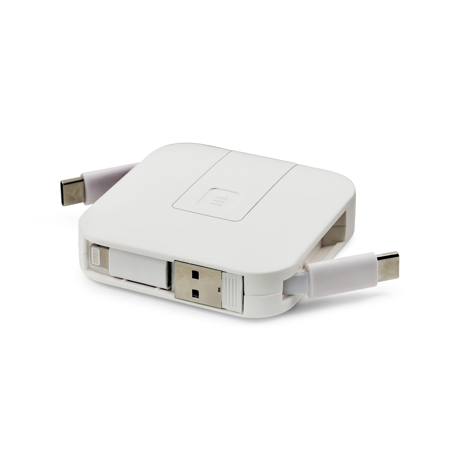 A white retractable charging cable featuring USB and USB-C connectors, with a compact design and a logo.