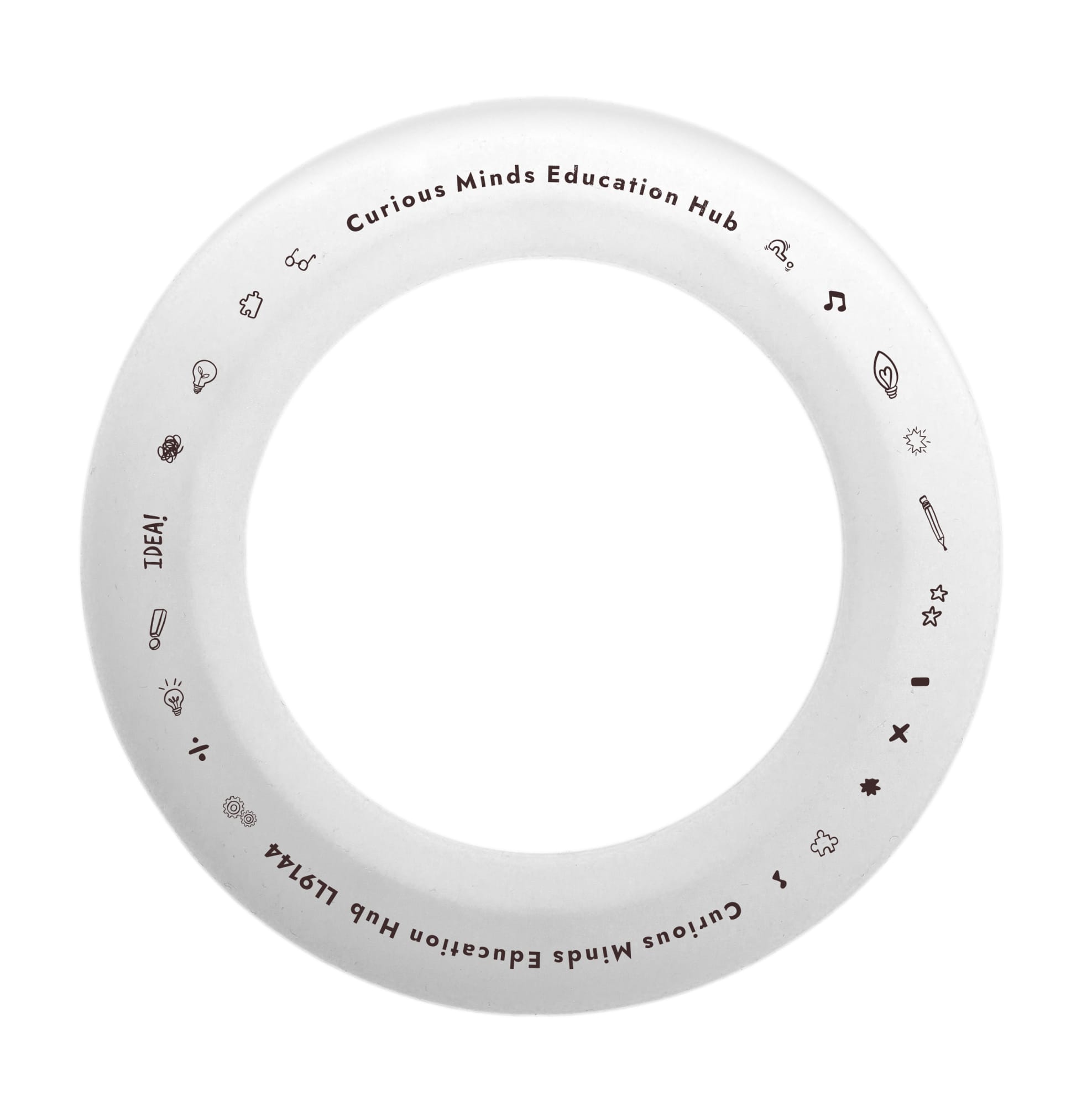 A silicone flyer featuring a circular design with various playful icons and branding for Curious Minds Education Hub.