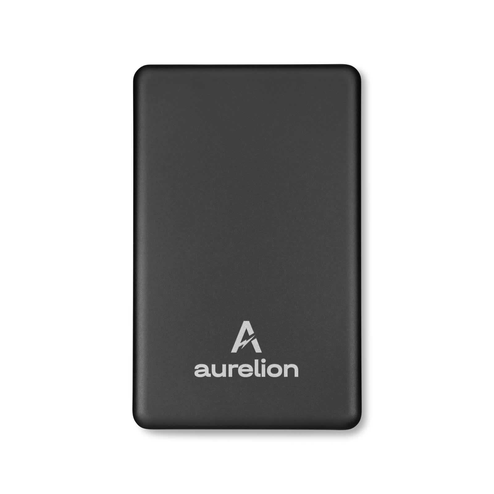 A solid black power bank with a logo on the front, designed for charging electronic devices.