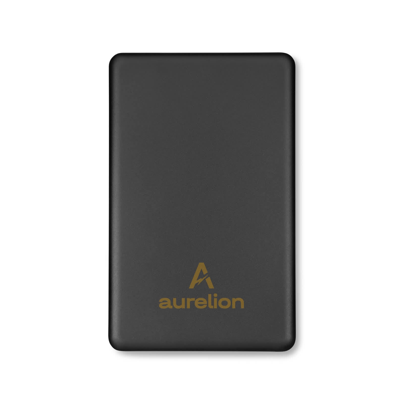 A solid black power bank with a gold logo on the front. Compact and portable design for charging devices.