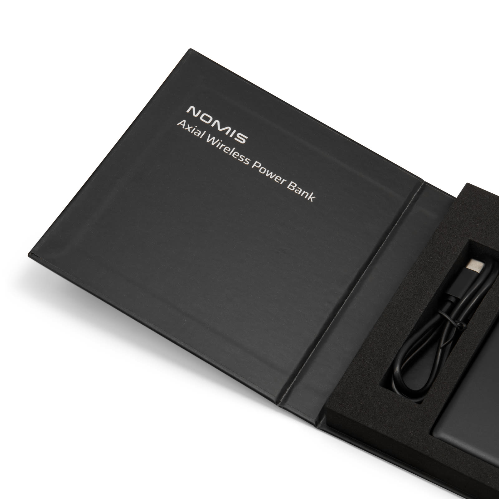 A black power bank housed in a sleek box, featuring a USB cable and branding.