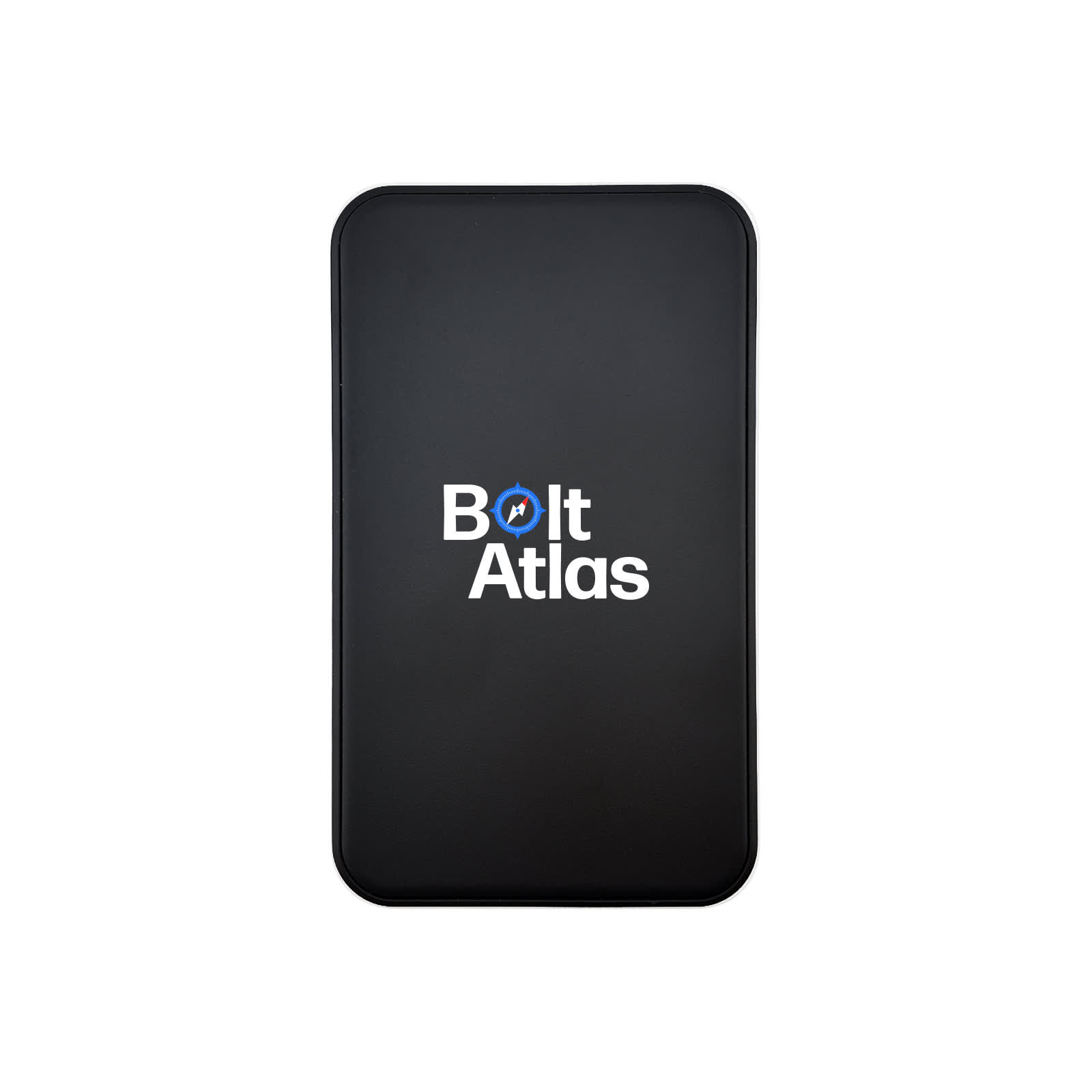A black power bank with a smooth surface and a branded logo in the centre.