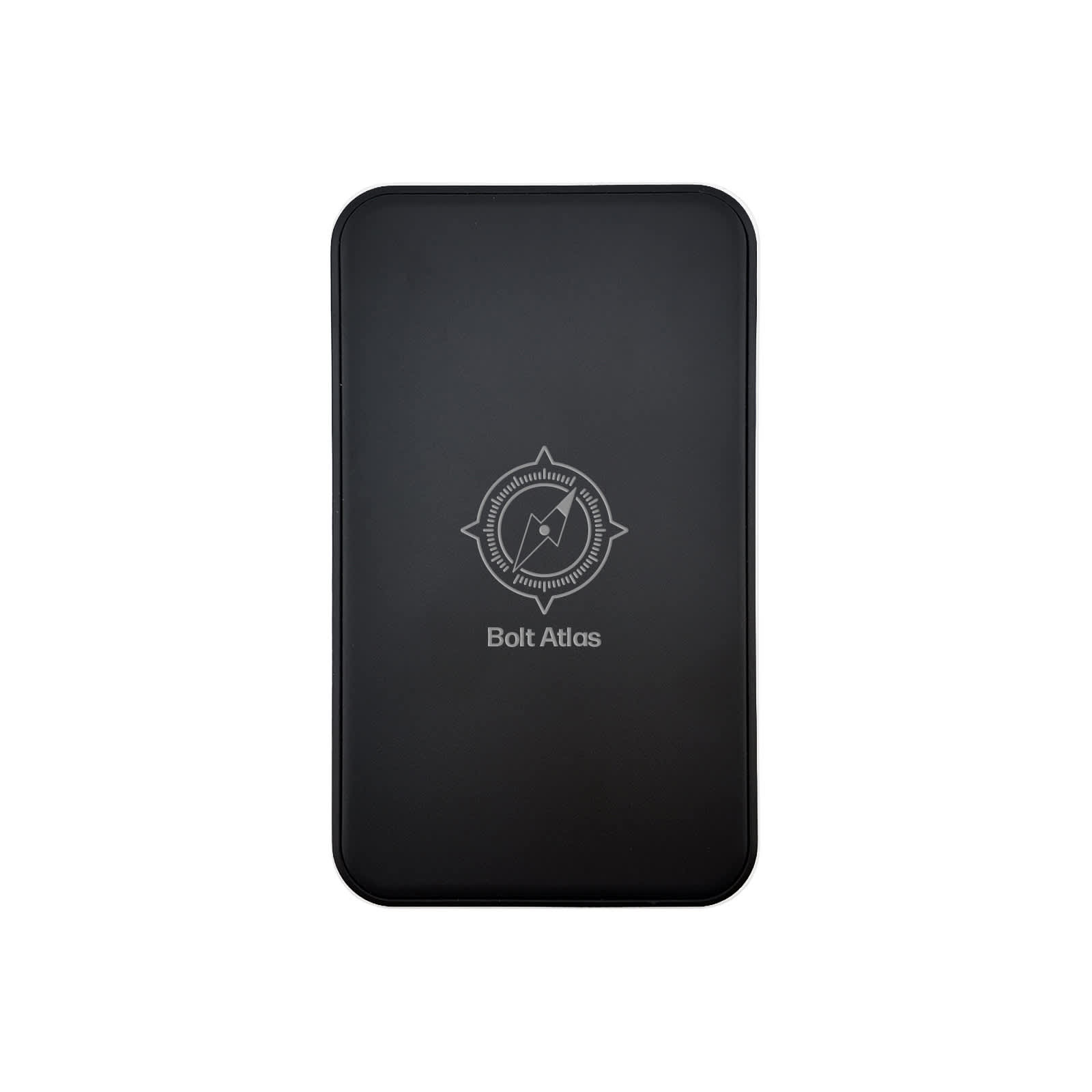 A black power bank featuring a compass design and a logo, with a sleek, smooth surface.
