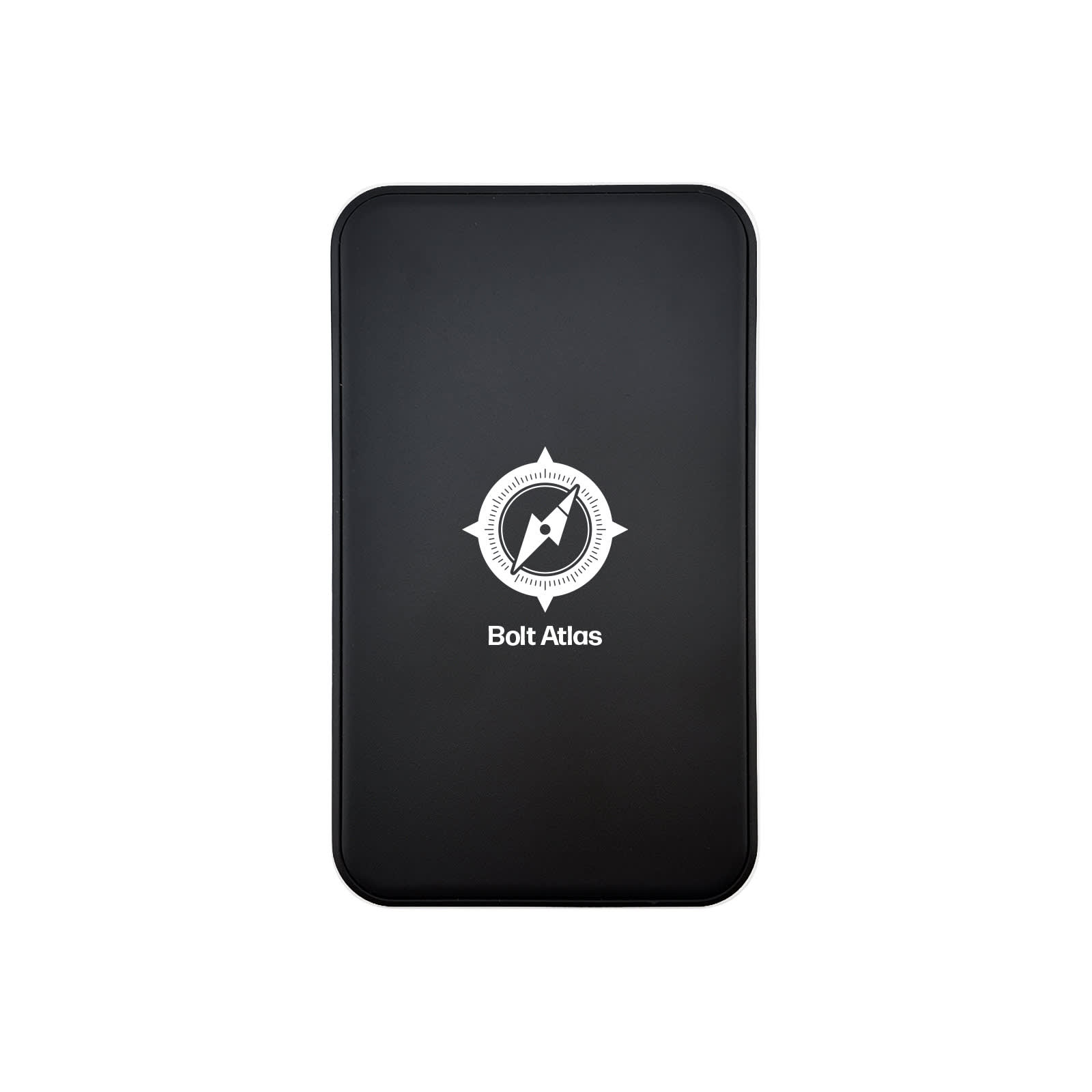A black power bank with a compass logo on the front and a smooth matte finish.