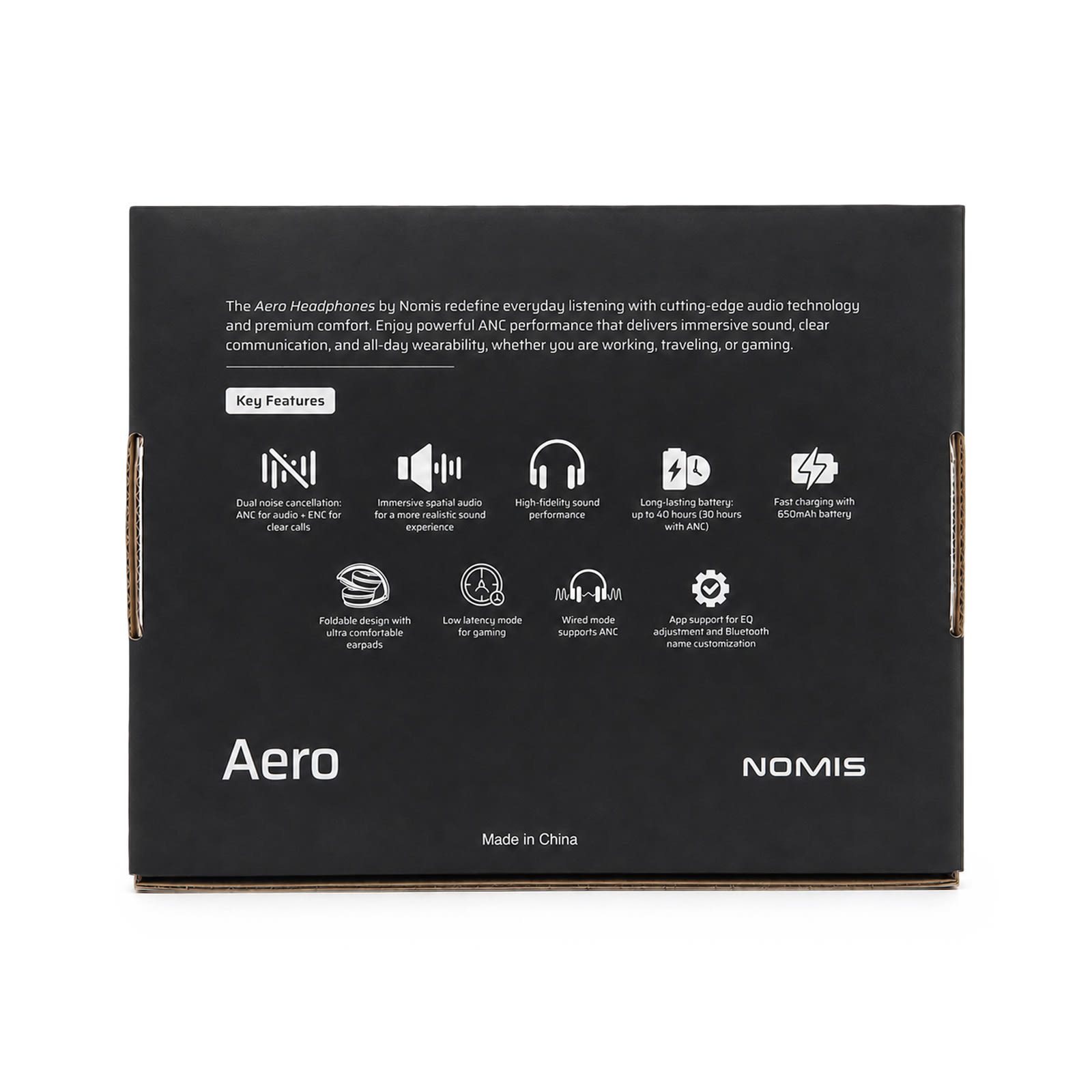 Aero by Nomis headphones in a sleek black design, featuring a box with branding and key features.