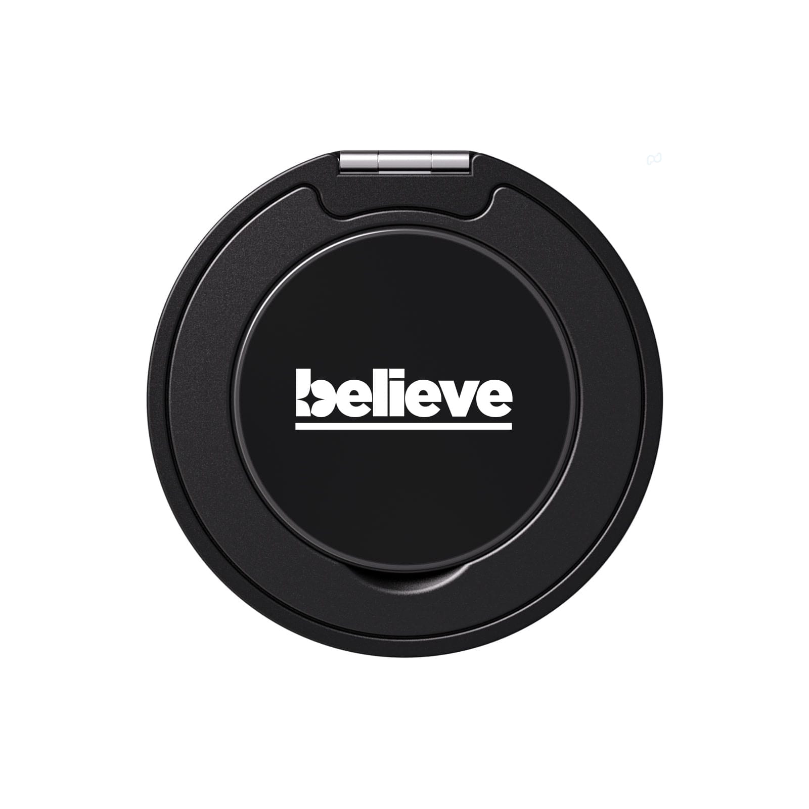 A black phone grip and stand with a circular design and a logo on its surface.
