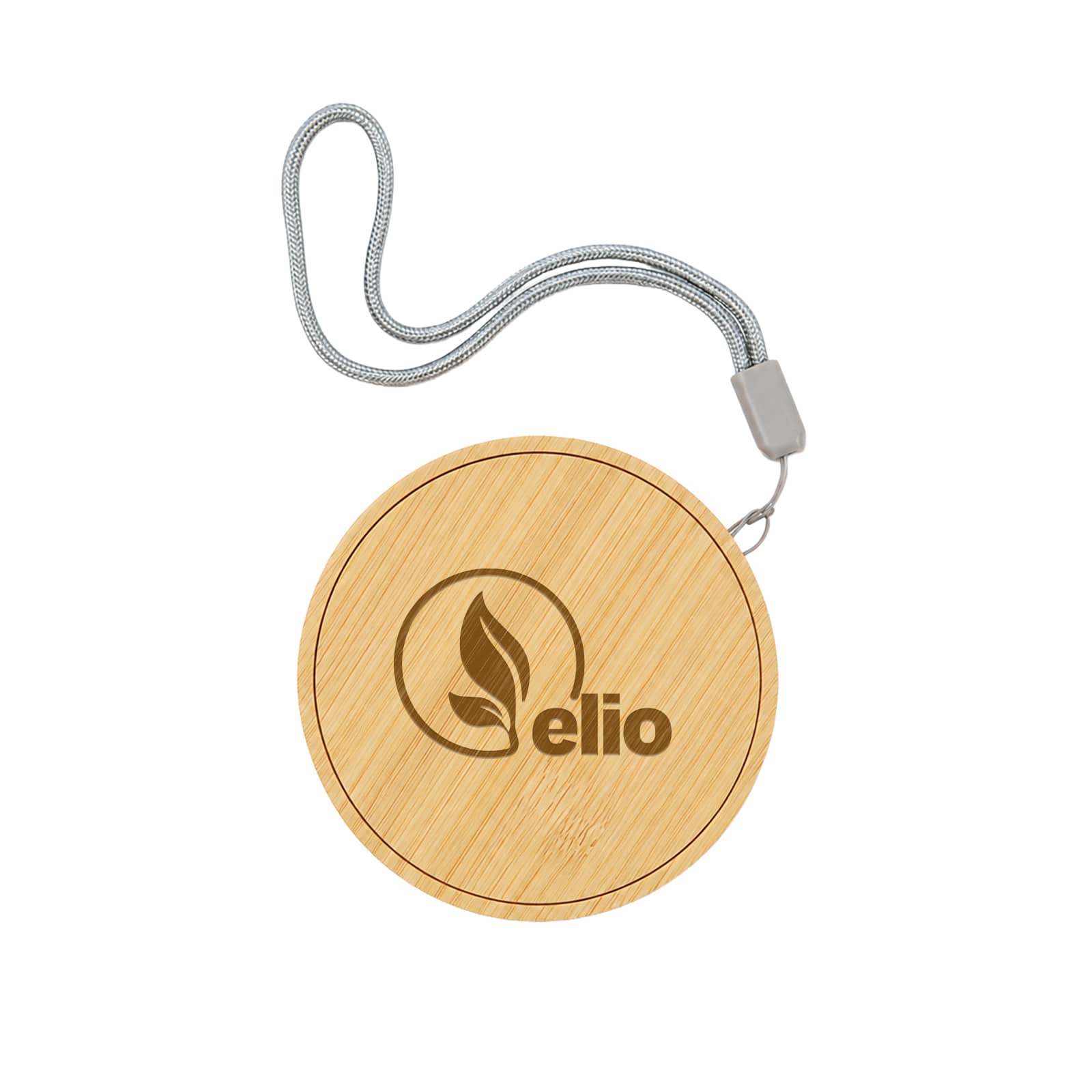 A round, bamboo wireless charger with a grey strap and a logo. The design features a natural wood finish.