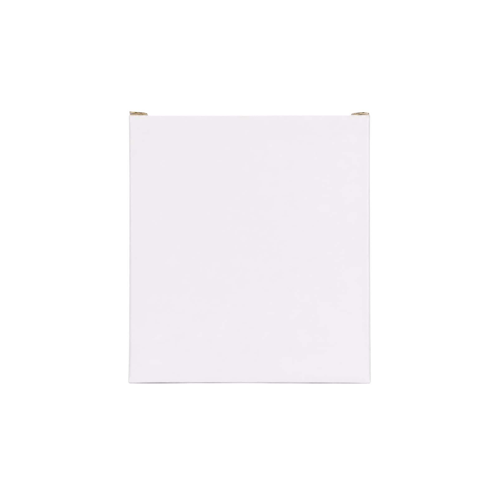 A white box with a smooth surface and gold accents on the corners, featuring a logo.