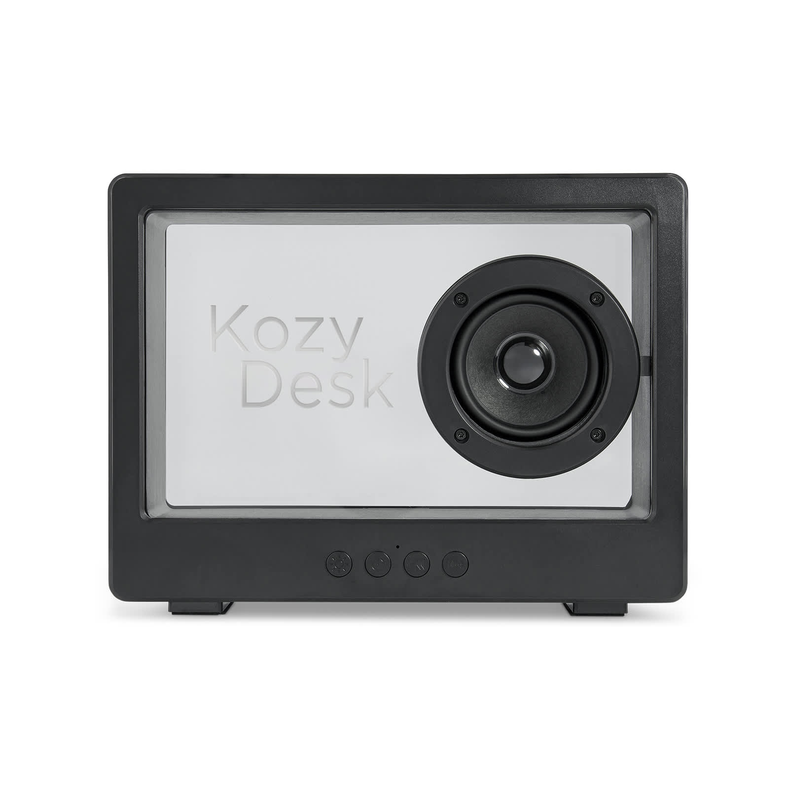 A black speaker with a prominent circular speaker and a transparent front, featuring branding and control buttons at the bottom.
