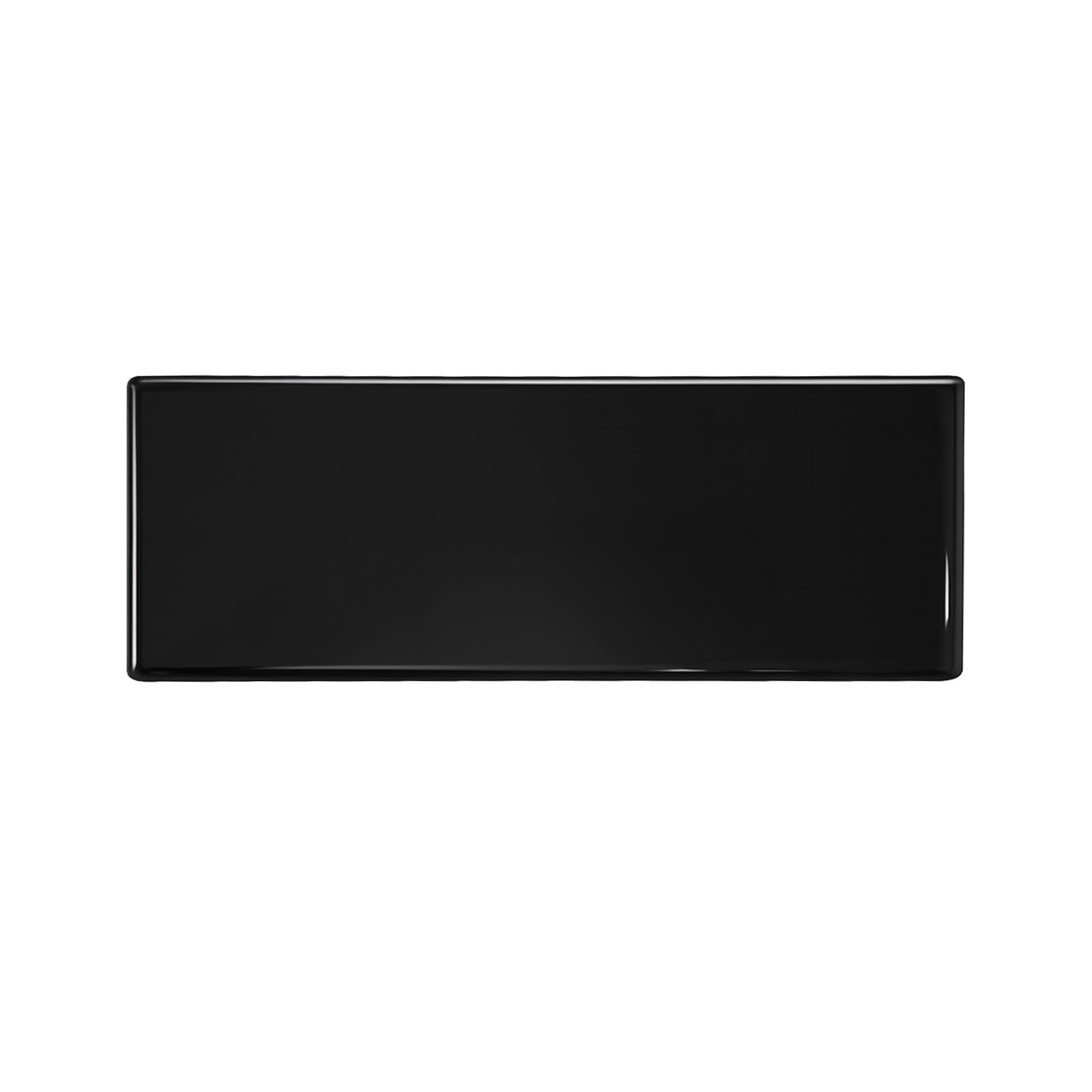 A sleek black speaker with a glossy finish, featuring a logo on the front.