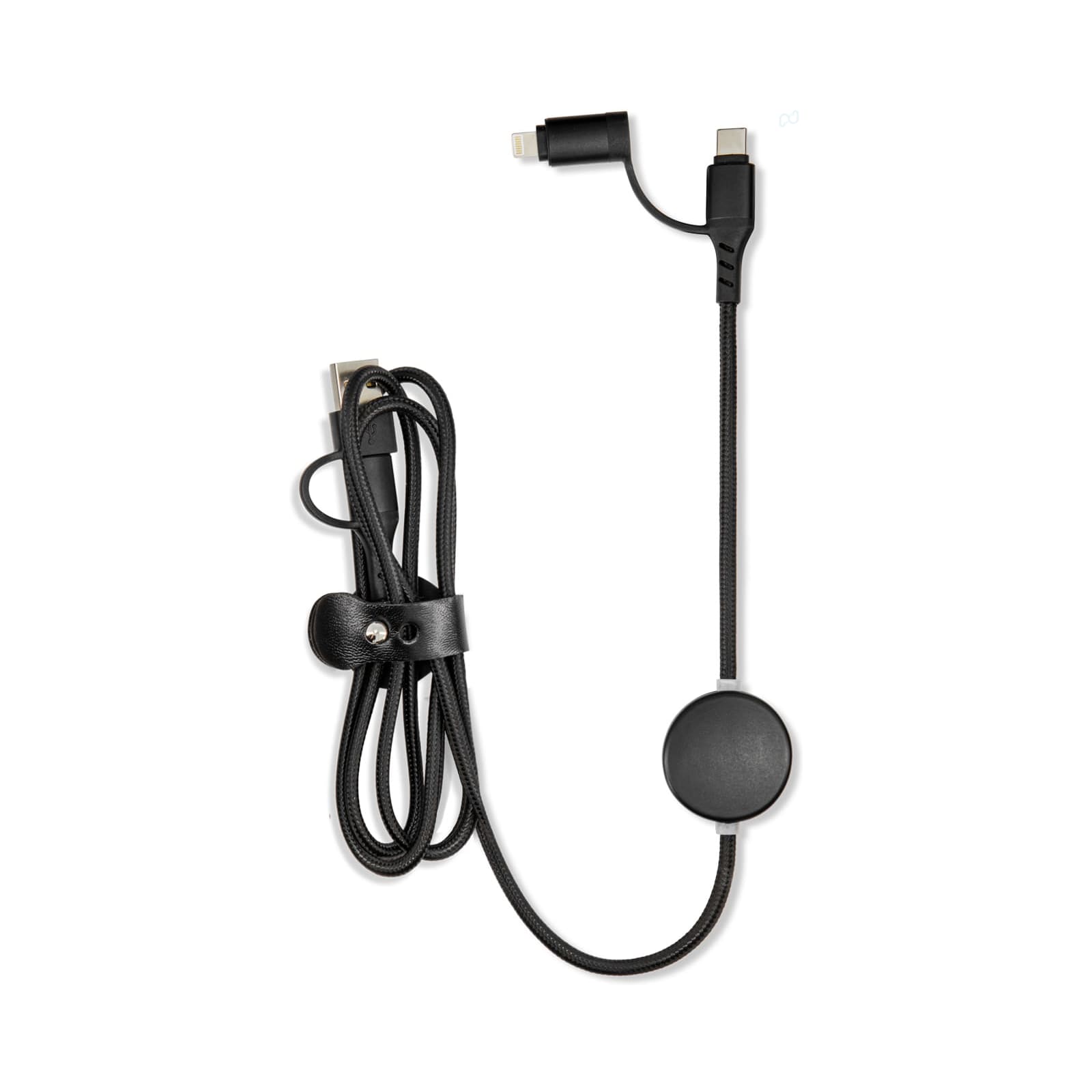 A cable with a round connector, featuring a braided design and a leather wrap for organisation.