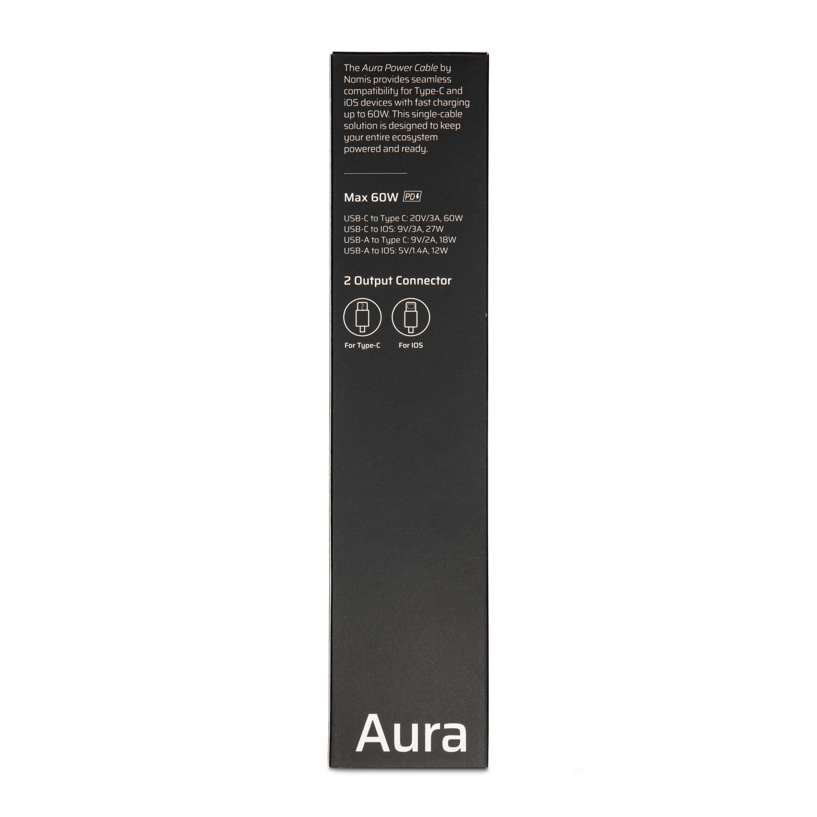 A power cable package featuring a sleek black design, compatible with Type-C devices, with two output connectors.