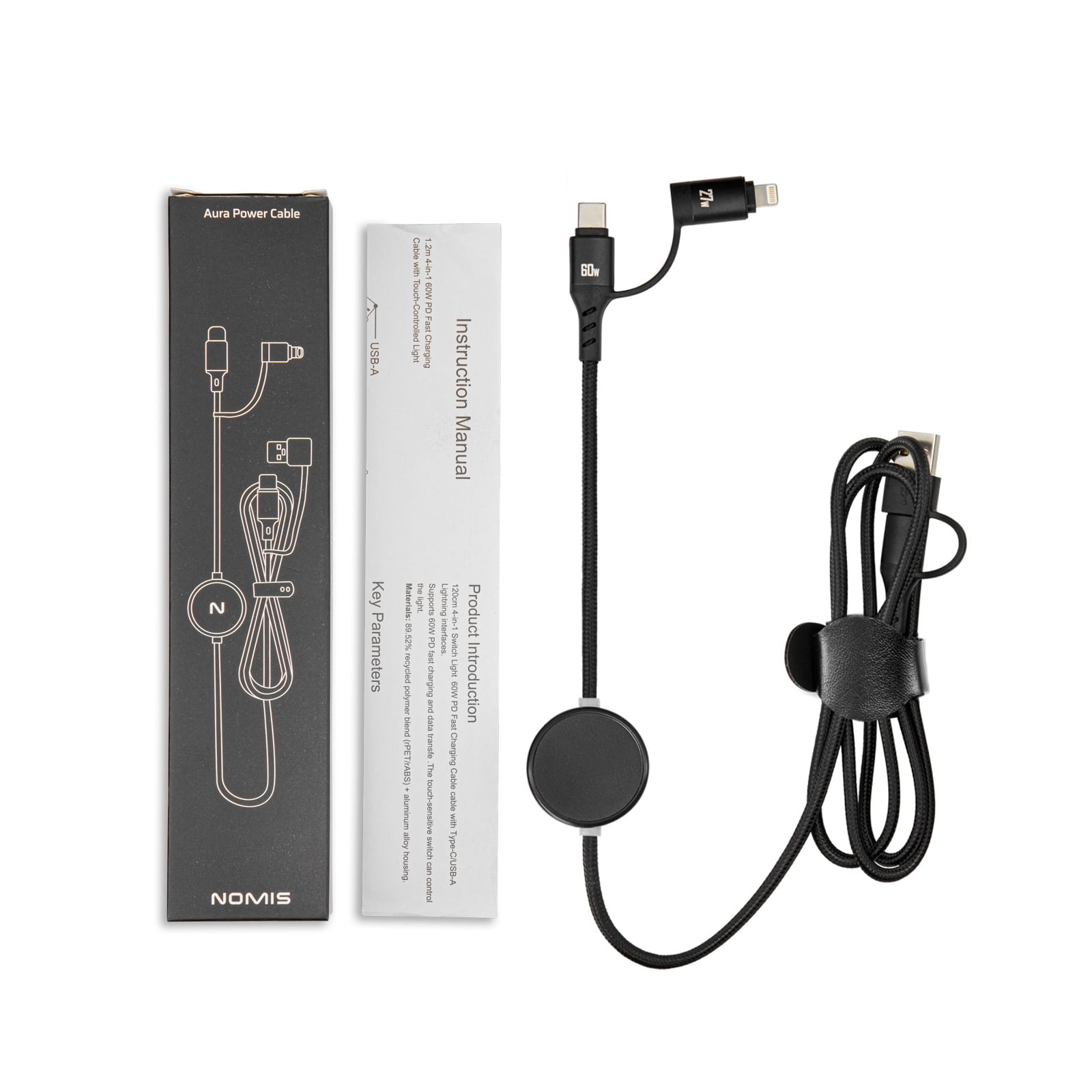 A power cable in black with an instruction manual and packaging, featuring a circular cable holder.