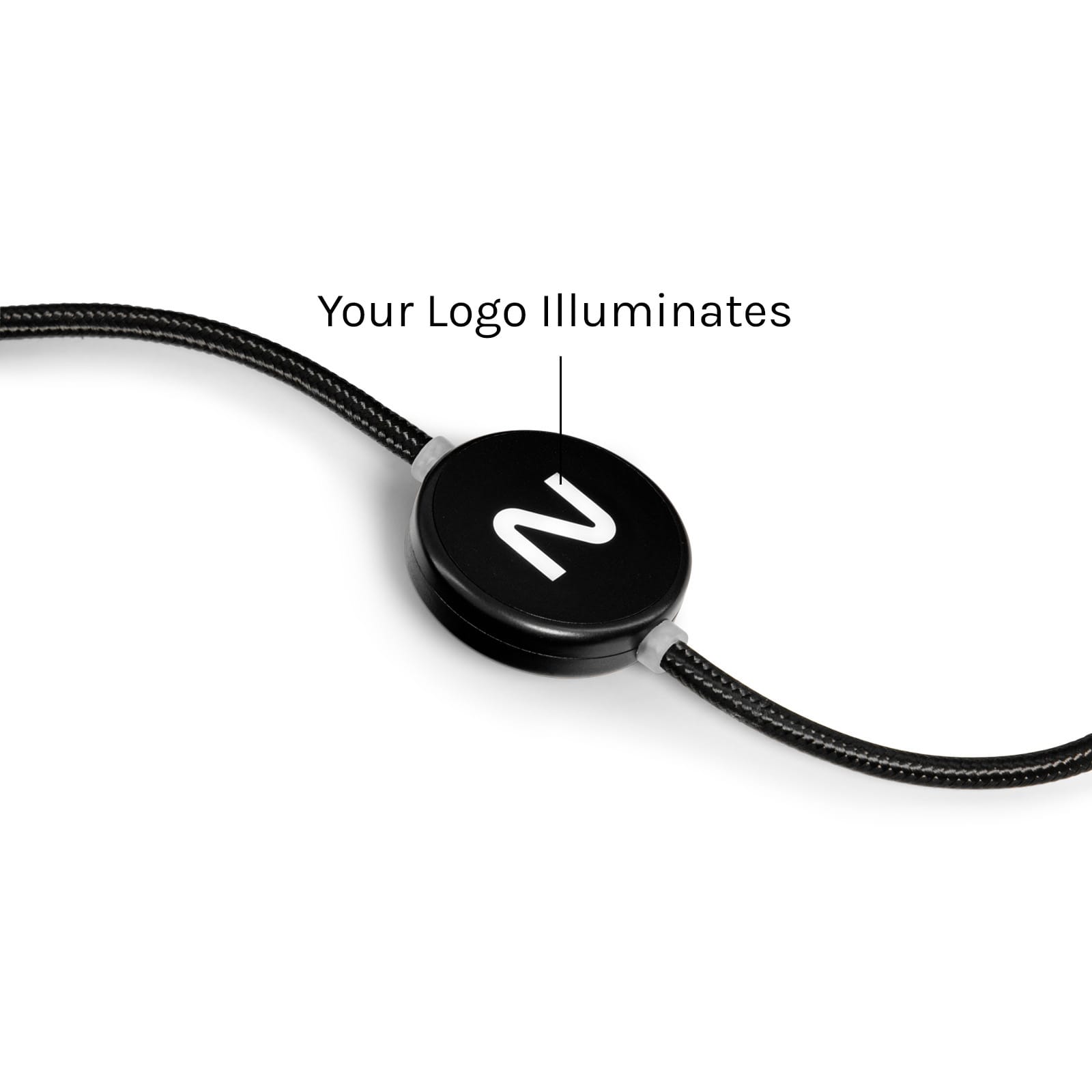 A black illuminated charging cable featuring a round connector and a decorative braided design.