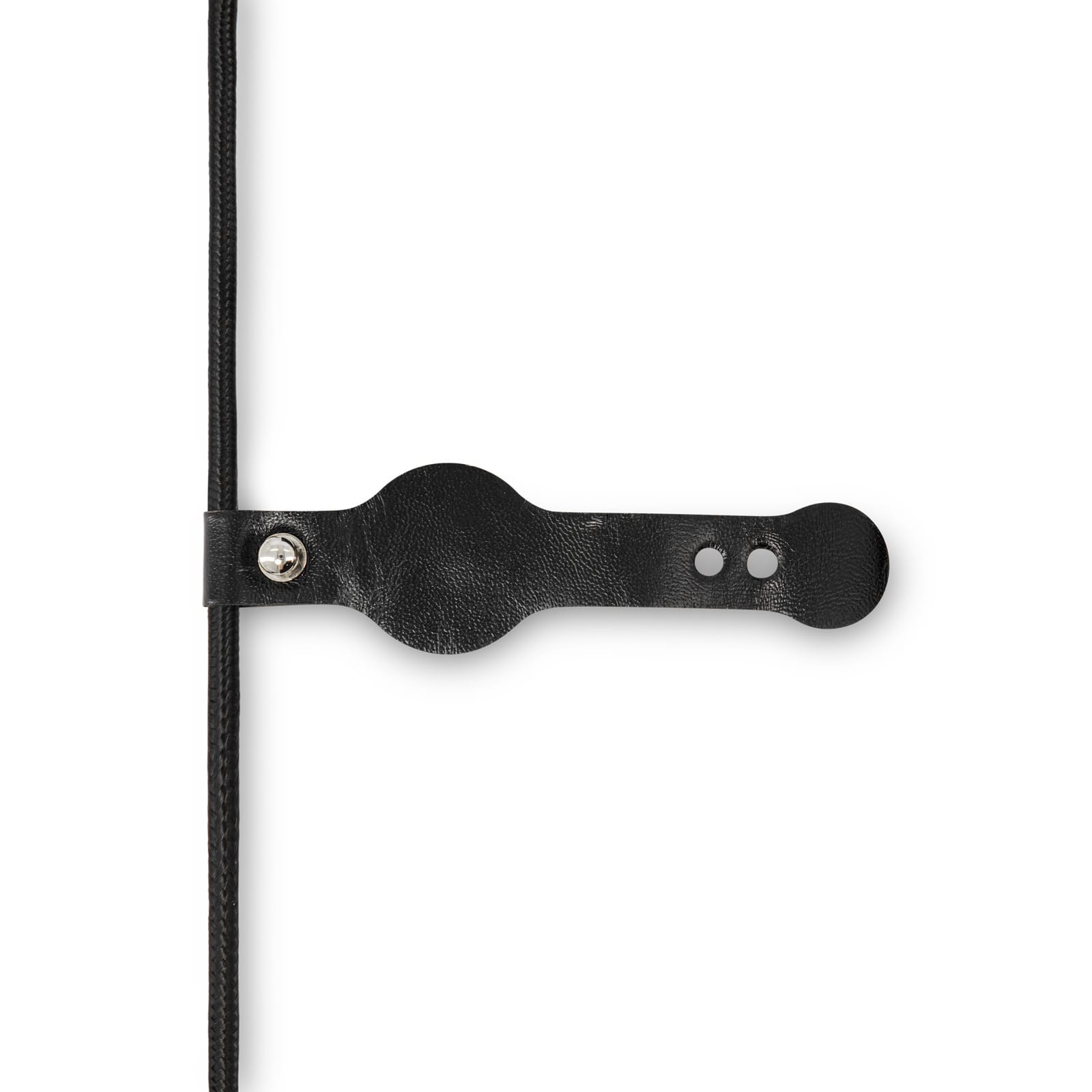 A black charging cable with a leather strap for organisation, featuring a logo on the strap.
