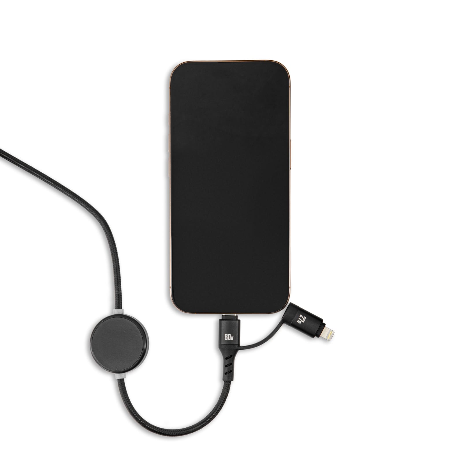 A black charging cable with a round connector, attached to a smartphone, surrounded by a sleek design.