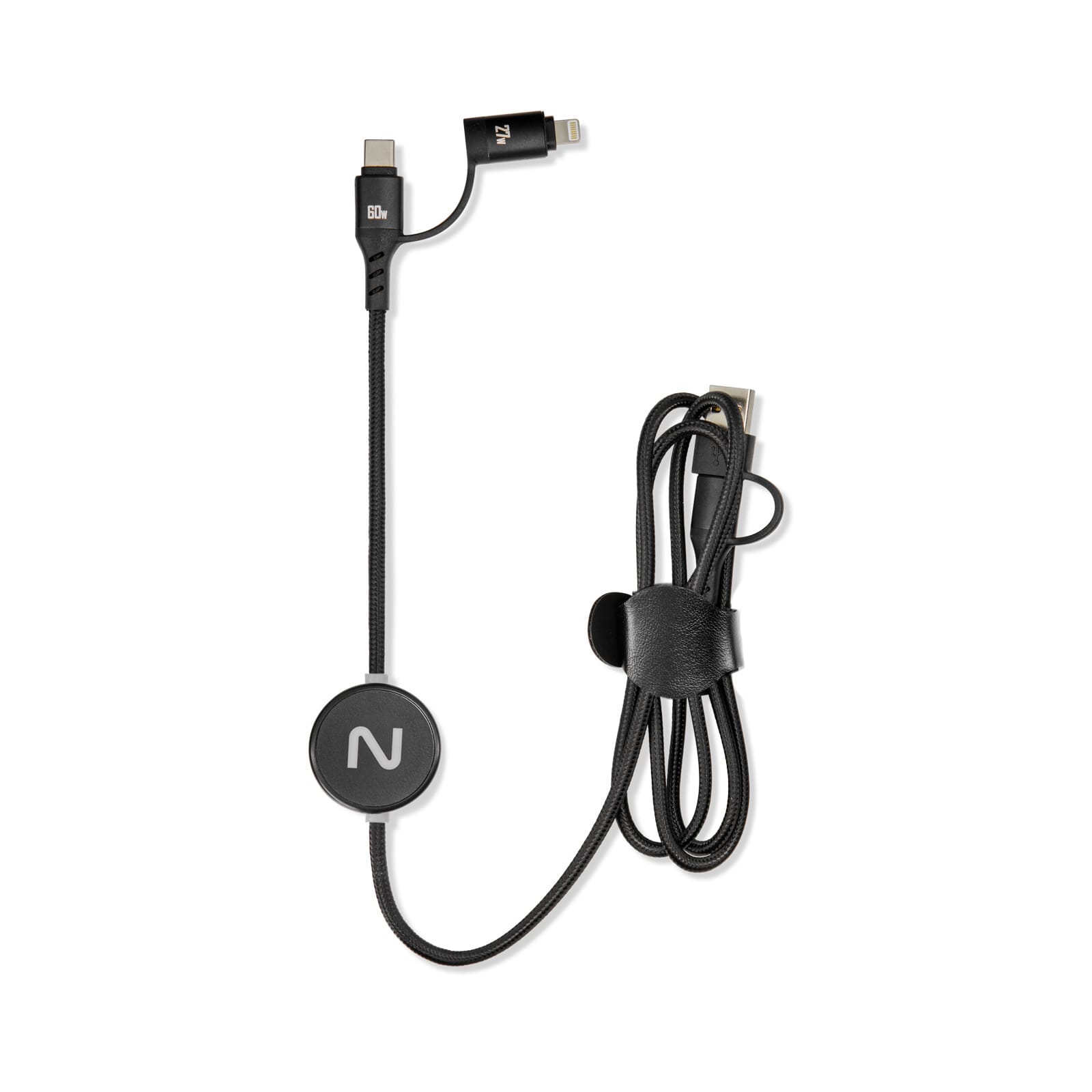 A charging cable in black with a round logo and connectors for different devices, featuring a tied-up design.