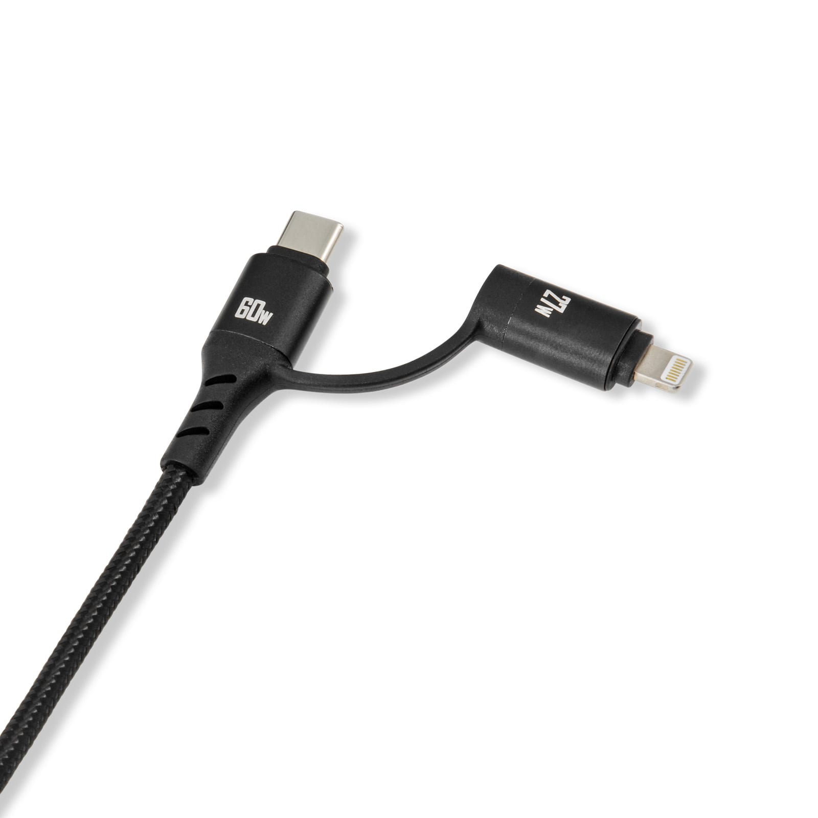 A black charging cable with USB-C and Lightning connectors, featuring a braided design for durability.