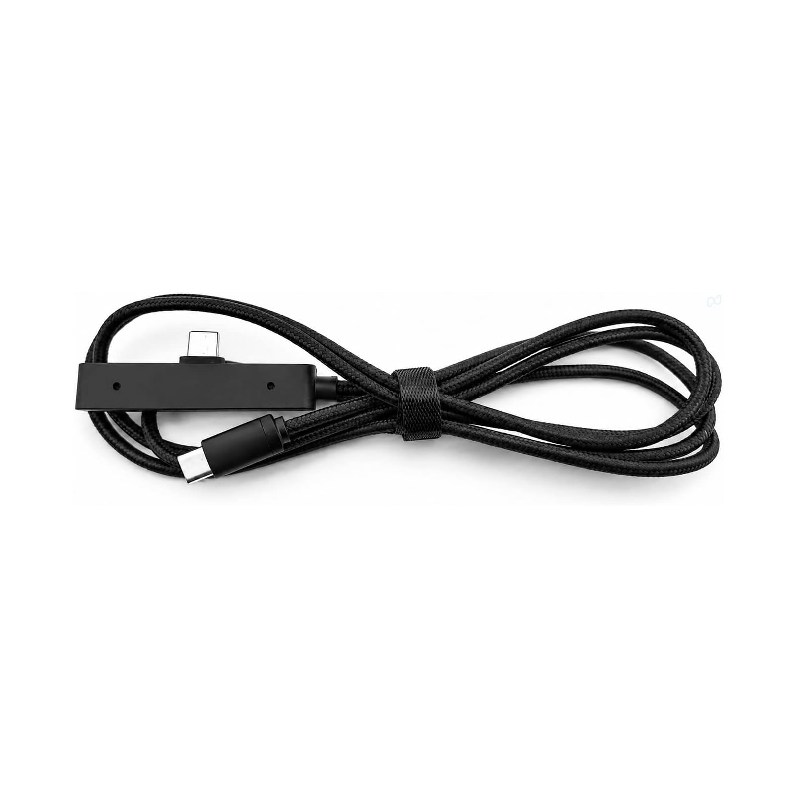 A black charging cable with a braided design and USB-C connector, featuring a logo on one side.