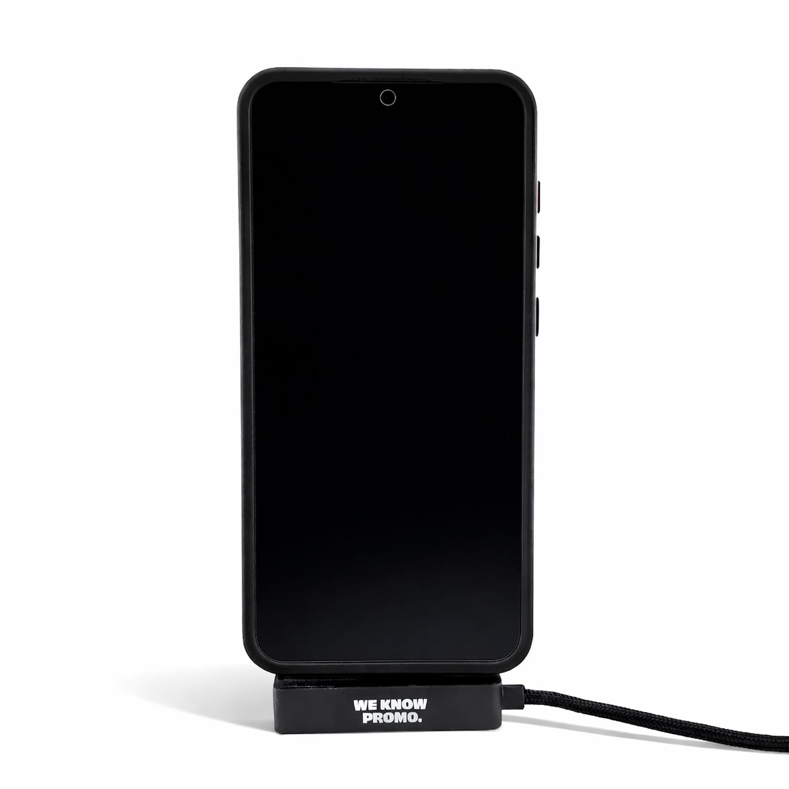 A black promotional phone stand featuring a charging cable, designed for mobile devices.