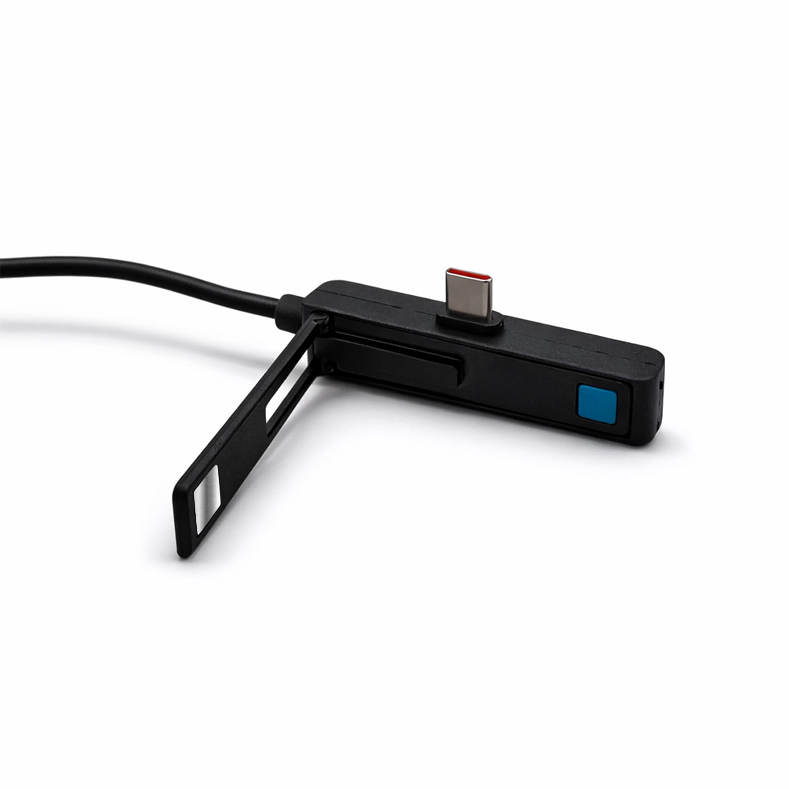 A black charging cable with a connector and a folding flap, featuring a blue button and a logo.
