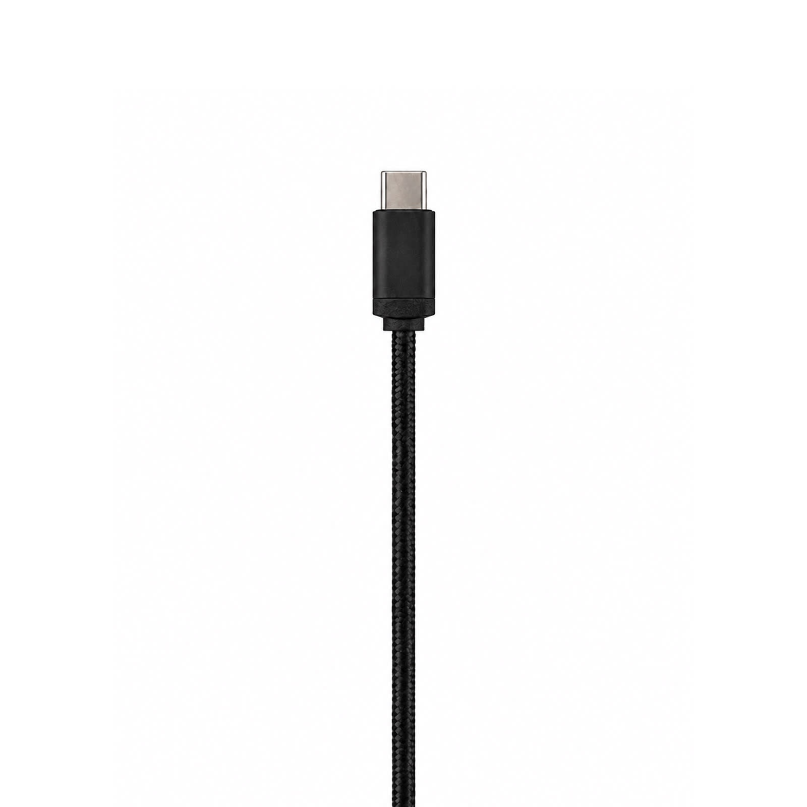 A black charging cable with a USB-C connector, featuring a durable braided design and a logo on the connector.