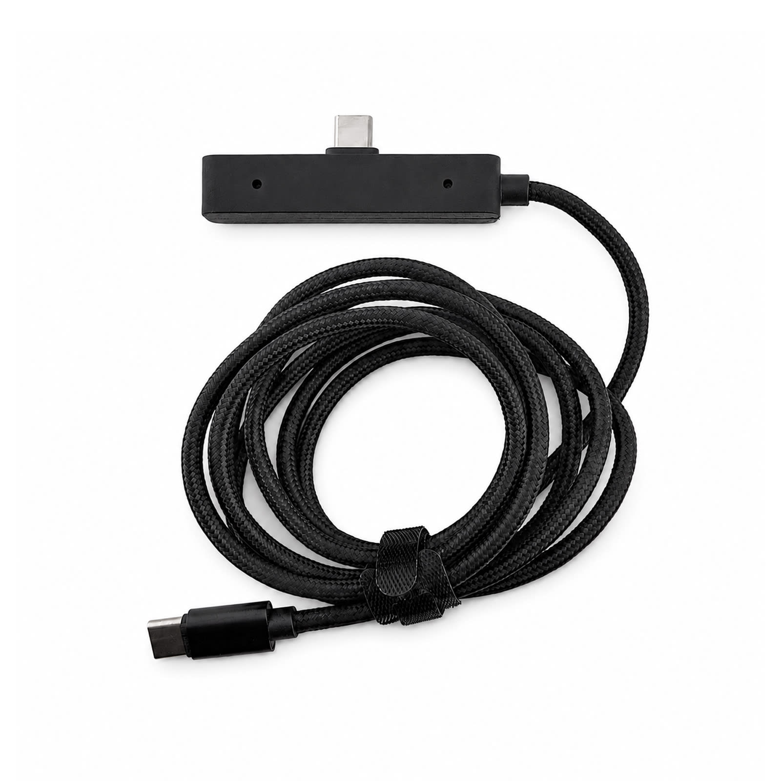 A black charging cable with a textured finish and a connector at each end, featuring a logo.