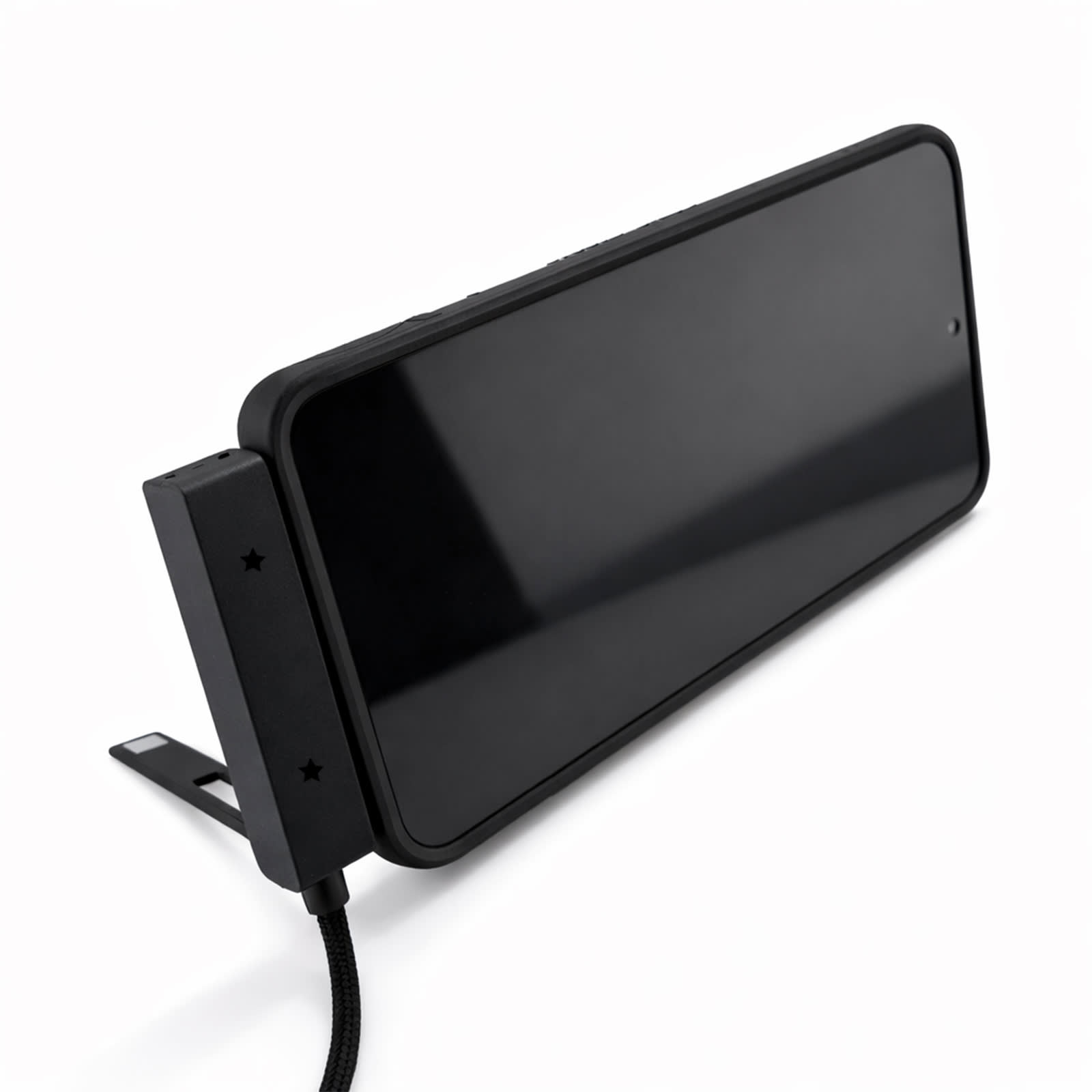 A charging cable in black, featuring a sleek design with a connector and a stand for easy usage.