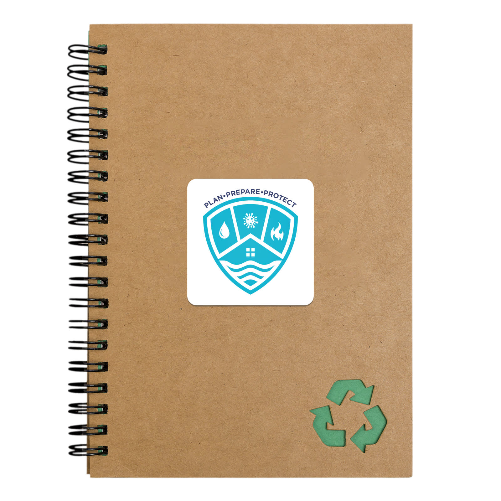 A brown spiral notebook with a green recycling symbol and a logo on the cover.