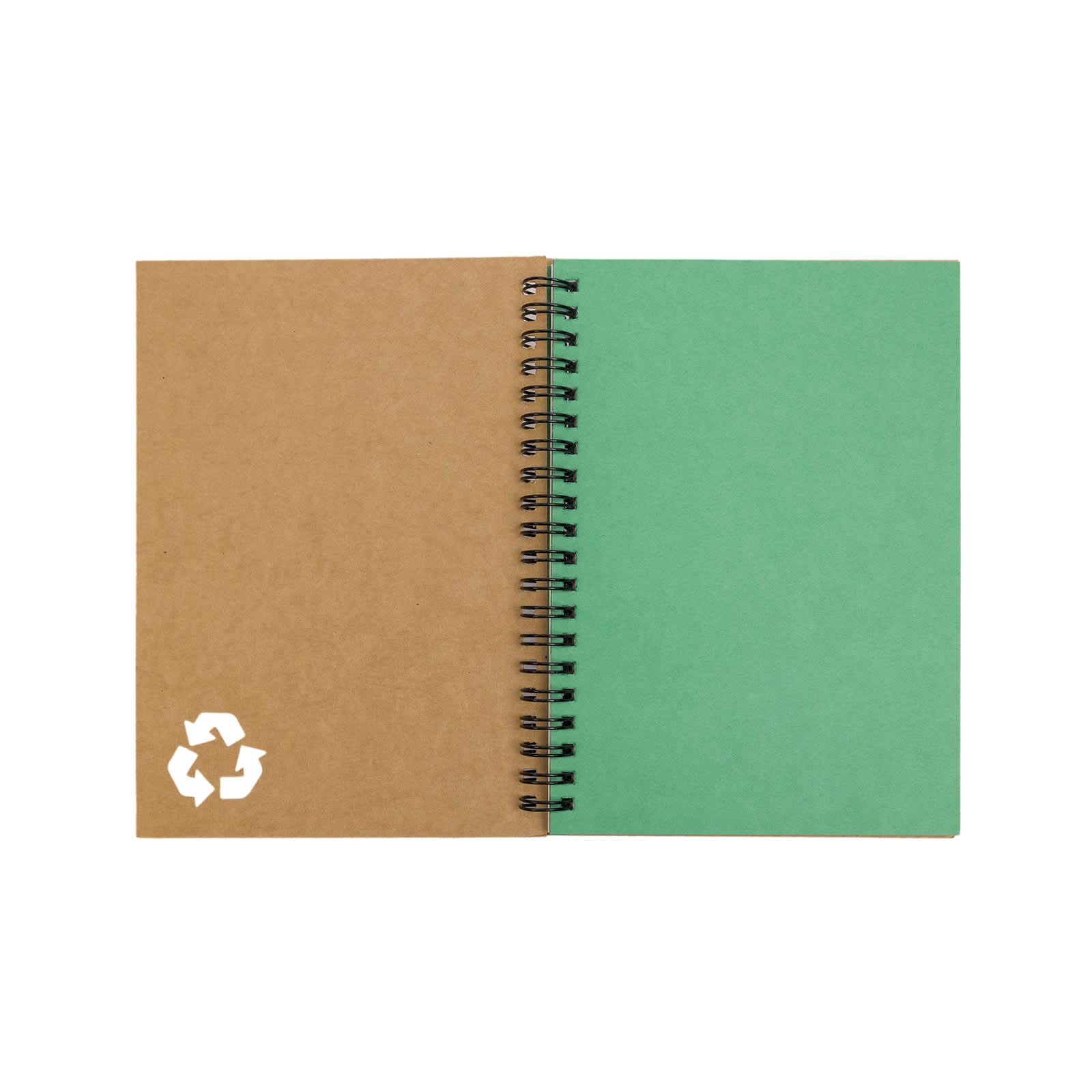 A spiral-bound notebook with a brown cover and a green interior, featuring a recycling logo on the front.