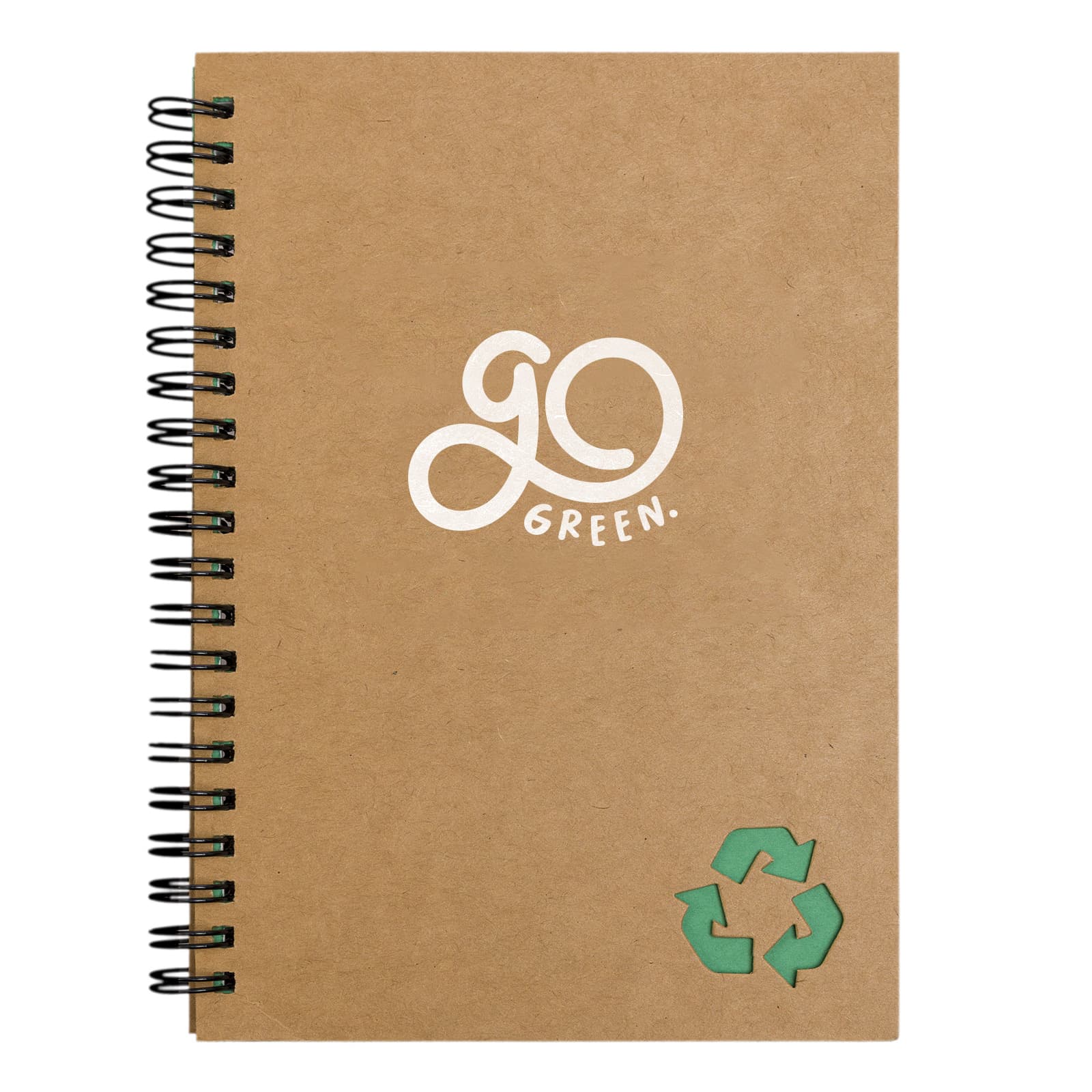 A brown spiral-bound notebook with a green recycling symbol and a logo on the cover.
