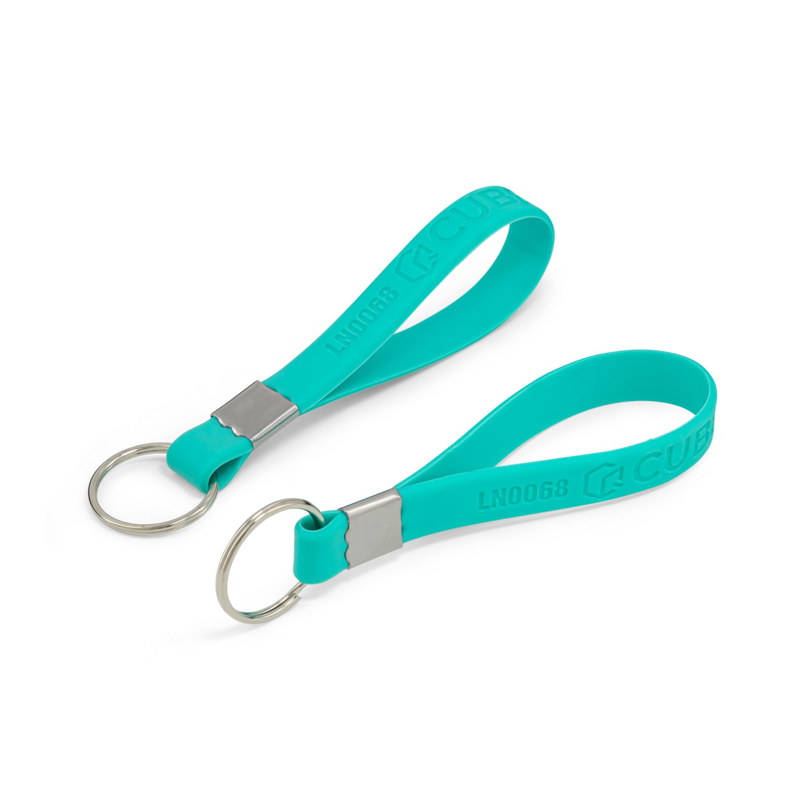 A turquoise silicone strap keytag featuring a metal ring and a branding logo. Ideal for keyrings and tools.
