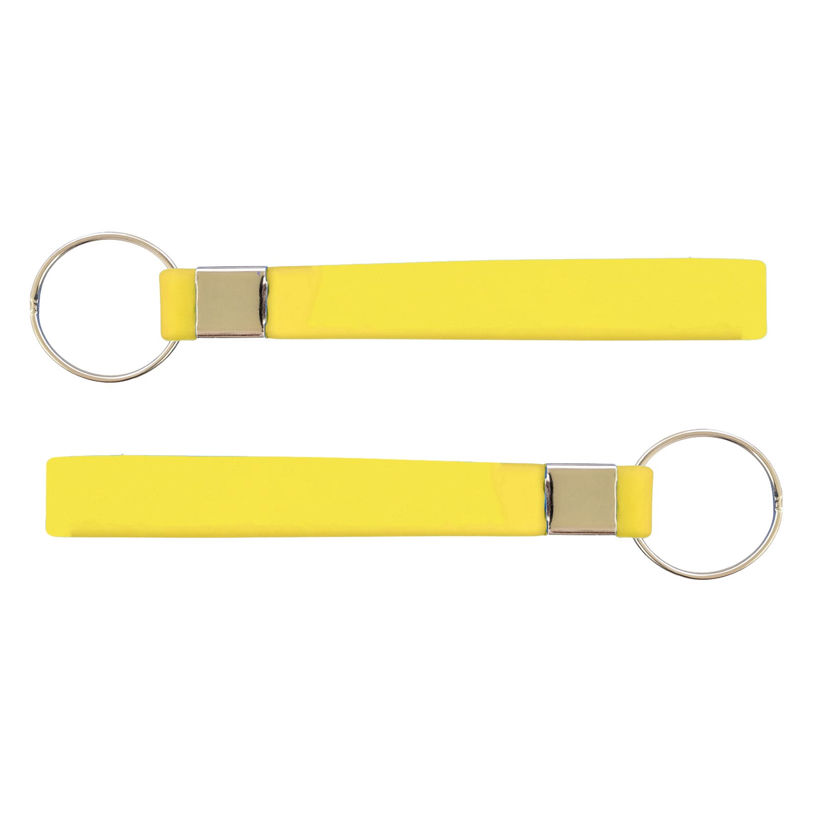 A bright yellow silicone strap keytag with a metal ring, featuring a sleek, minimalist design.