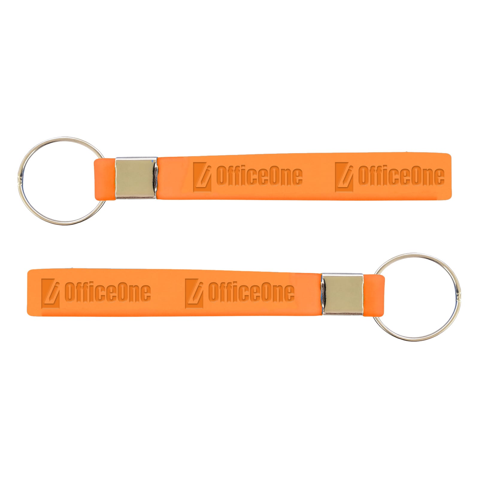 An orange silicone strap keytag with a metal ring and branding, featuring a smooth design.