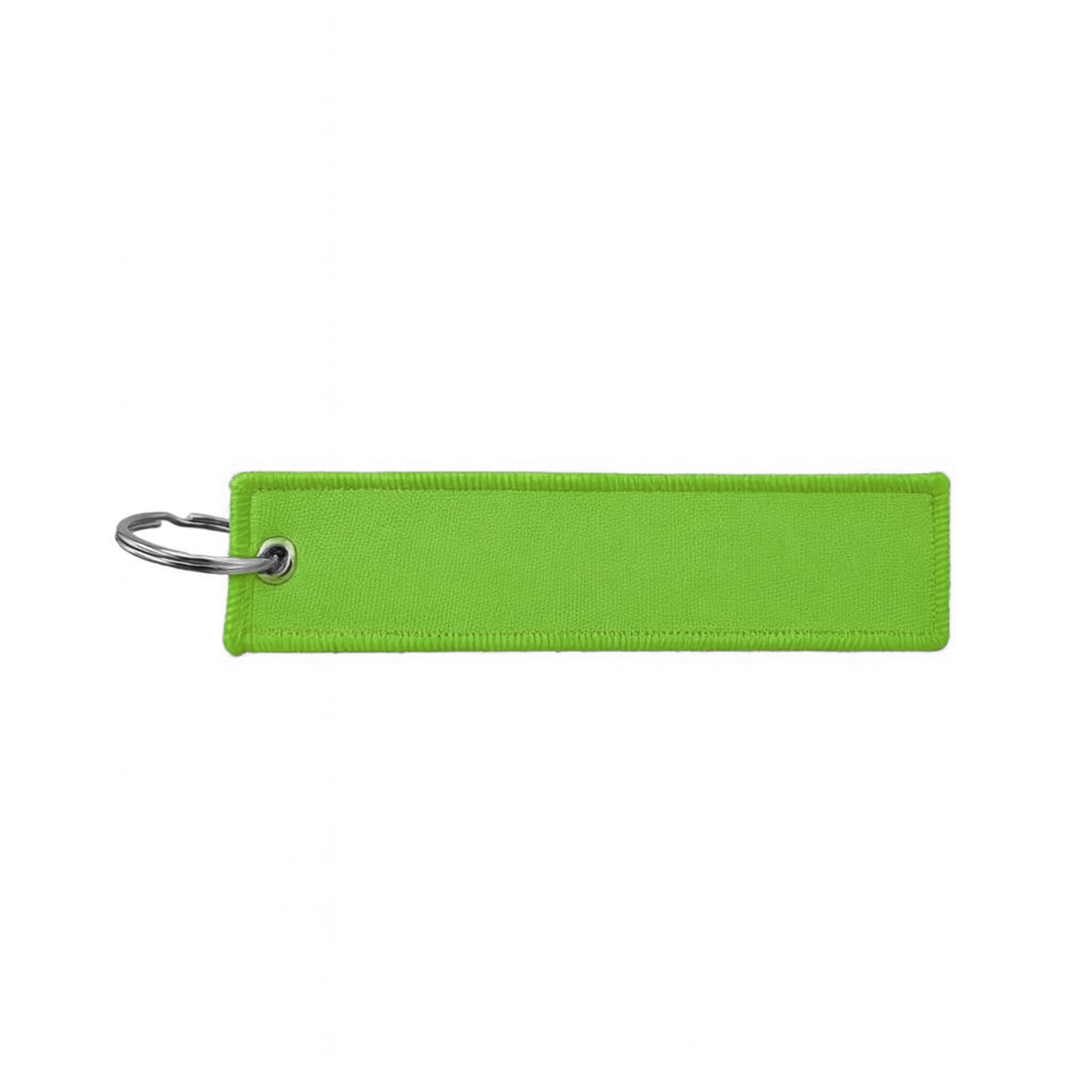 A vibrant green woven keytag with a metal keyring attachment. There is a logo visible on the surface.