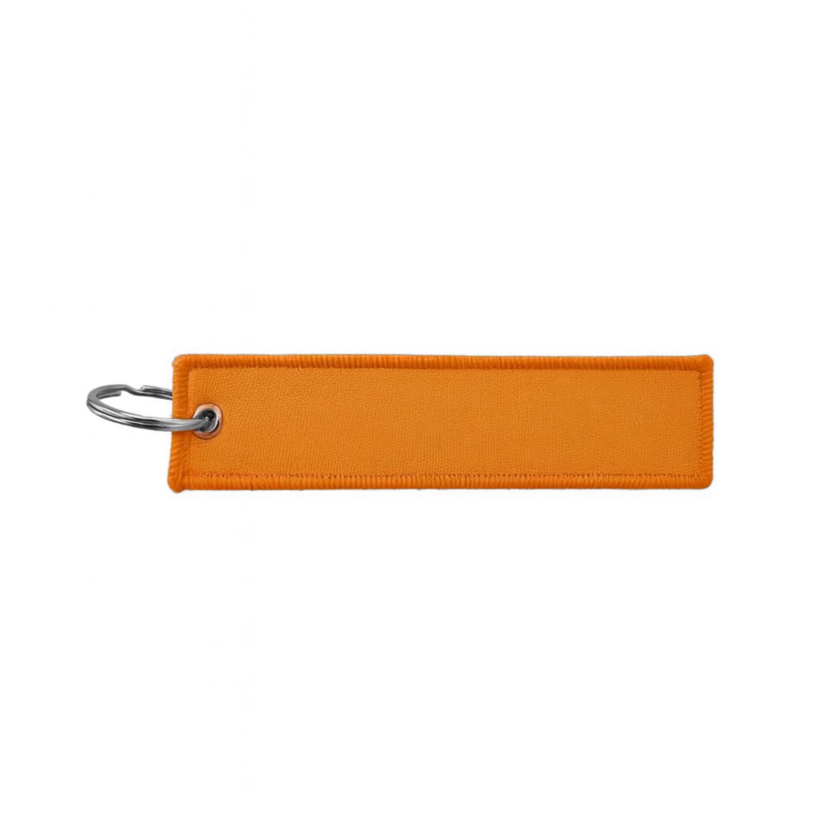 An orange woven keytag with a metal ring attachment. The keytag has a rectangular shape and is textured.