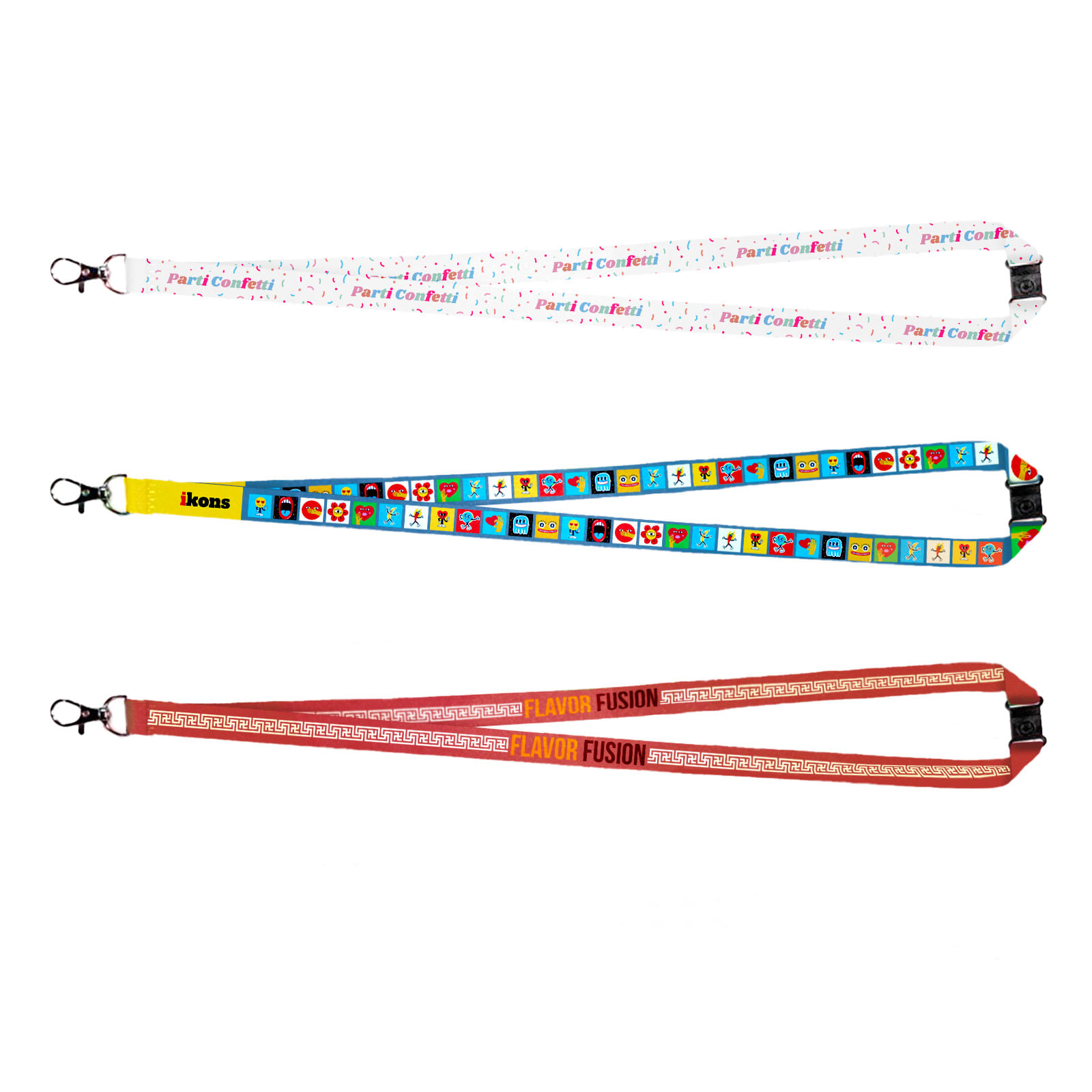 A set of four lanyards featuring vibrant colors and various patterns, each with a clip for attaching items.